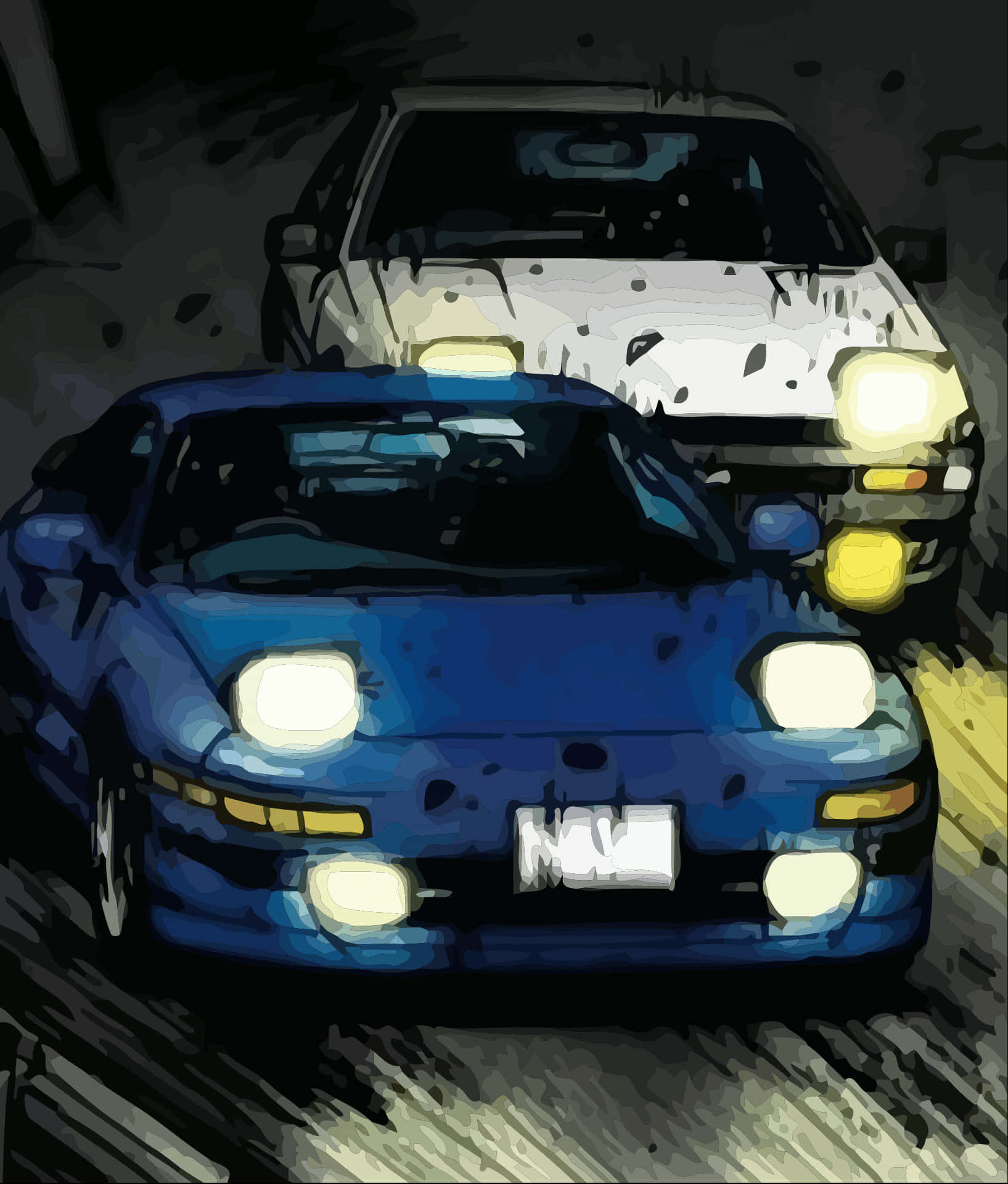 動漫 桌布 壁紙 — 兩輛帶有發光車頭燈的復古跑車，在黑暗的隧道中奔馳，帶有條紋運動模糊效果。