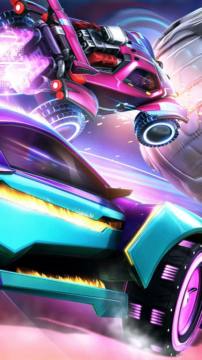 Rocket League Car 桌布 壁紙 — 兩輛帶有發光霓虹燈的未來主義賽車在充滿活力的宇宙隧道中飛馳。
