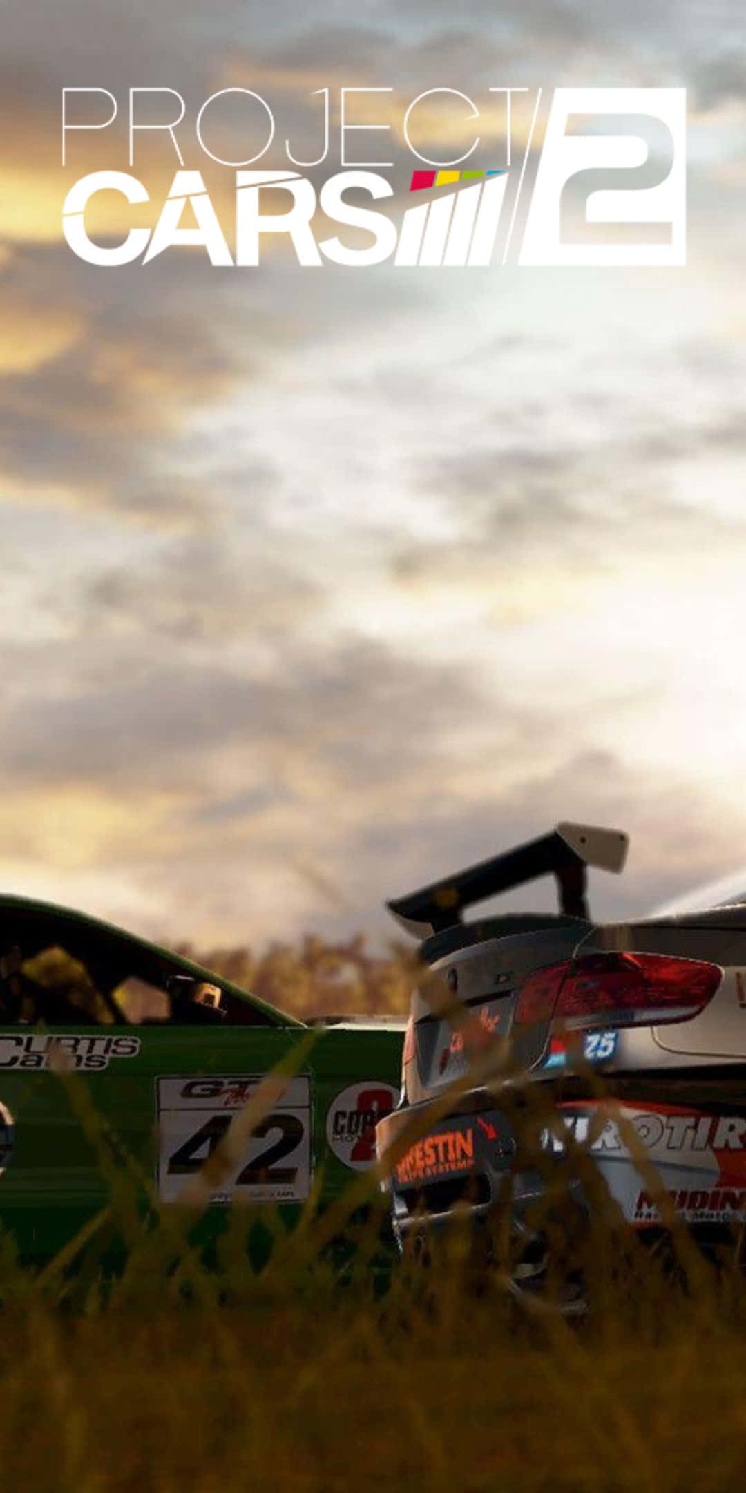 Pixel 3 Project Cars 2 桌布 壁紙 — 兩輛帶有贊助商貼紙的賽車停在長草中，天空多雲，夕陽西下，並有遊戲標題疊加。