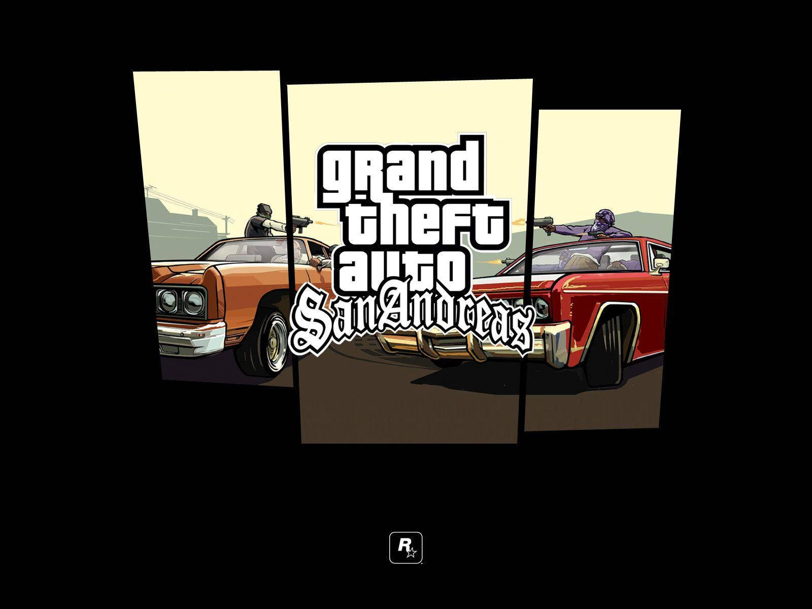 GTA 聖安地列斯 桌布 壁紙 — 兩輛復古汽車，車頂上有武裝角色，在分屏背景中夾著 Grand Theft Auto San Andreas 標誌。
