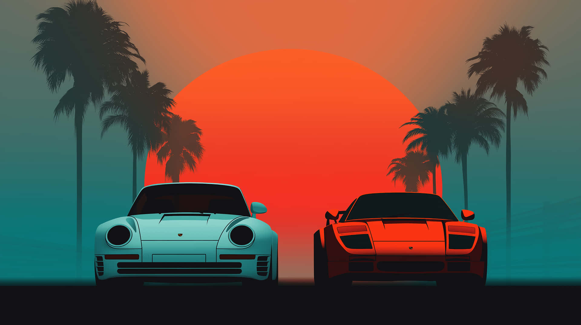 conic Sports Cars on a Californian Sunset Boulevard Scene 壁紙 — 兩輛復古跑車面向前方，在巨大的橙色太陽下，棕櫚樹環繞，背景是藍綠色天空。