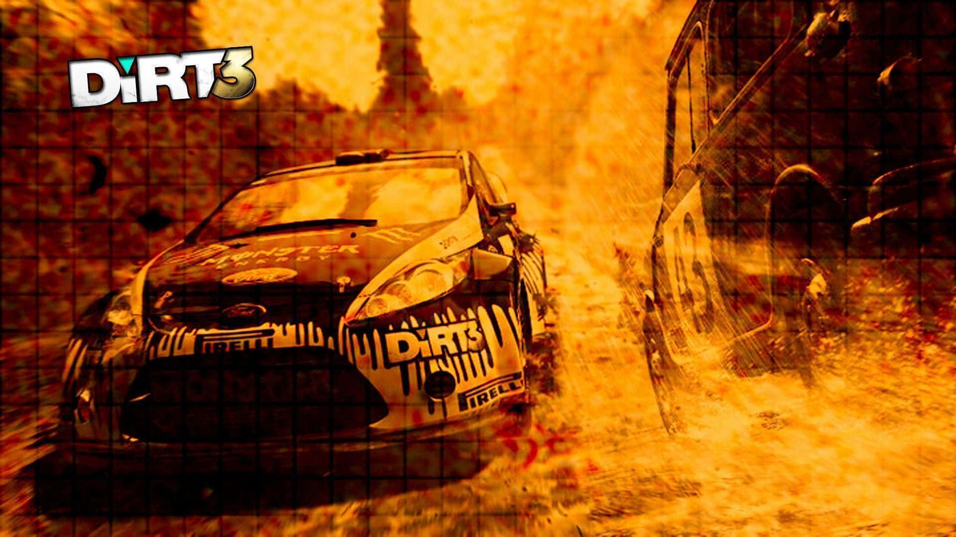 1080p Dirt 3 桌布 壁紙 — 兩輛拉力賽車在泥濘的比賽中發生猛烈橙色碰撞，可見「DiRT 3」標誌。