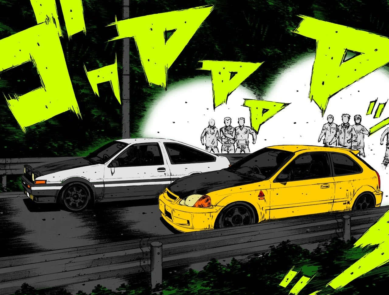 頭文字D 桌布 壁紙 — 兩輛改裝車在夜間高速公路上比賽，帶有霓虹綠色音效和剪影觀眾。