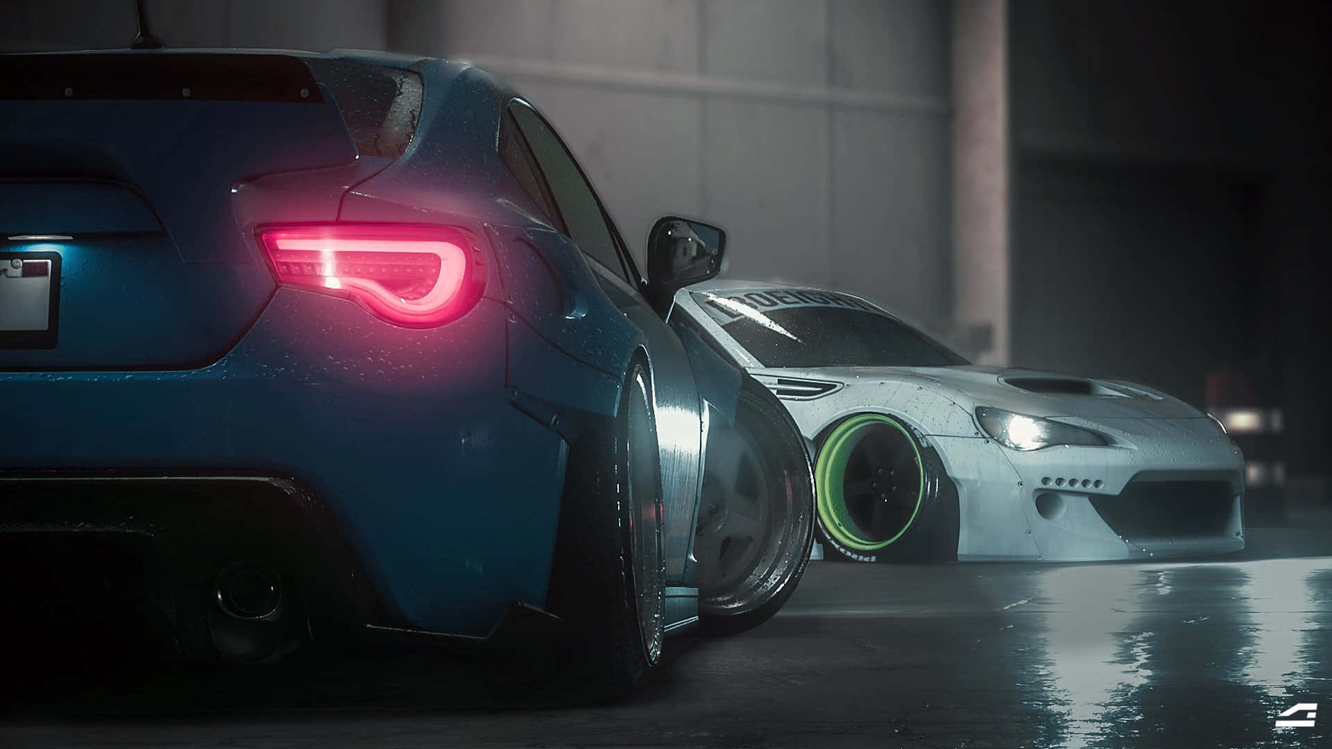 兩輛定制車在夜間停在潮濕的車庫中，帶有發光的燈光。 — Toyota Supra Mk4 壁紙