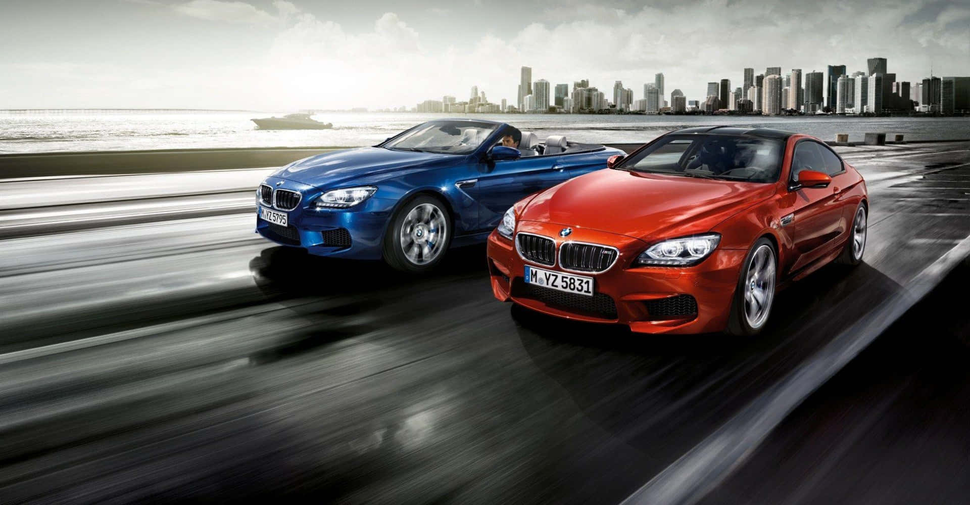 Bmw Cars 桌布 壁紙 — 兩輛時尚的BMW跑車在濕滑的海岸高速公路上疾馳，背景是城市天際線。