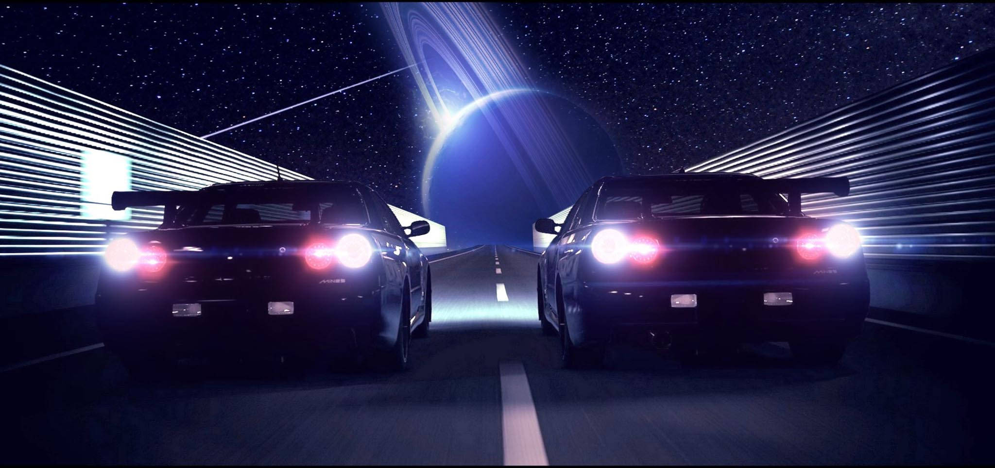 Gtr 桌布 壁紙 — 兩輛時尚的黑色跑車在星空下，於一條未來主義高速公路上的發光行星和光環下方正面競速。