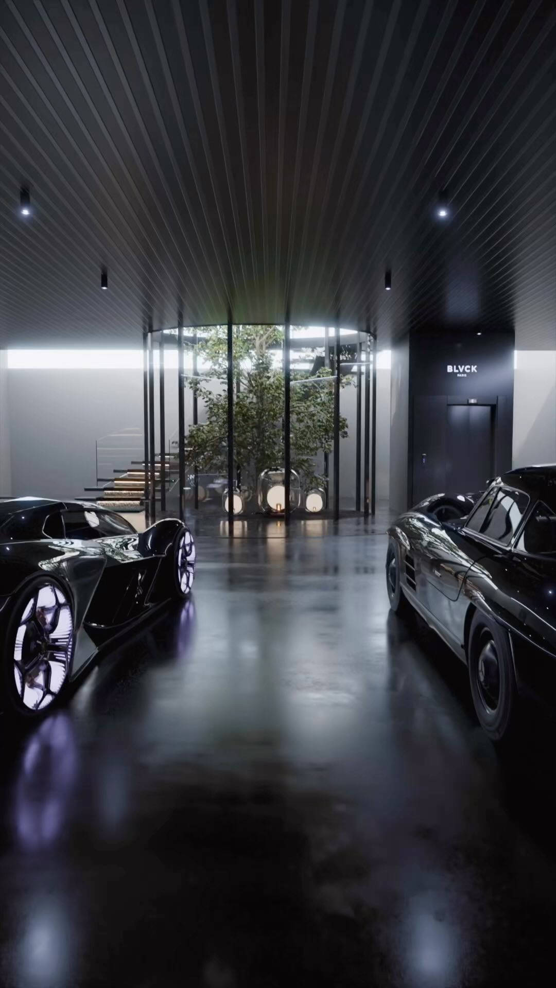 Blvck Paris 桌布 壁紙 — 兩輛時尚的黑色跑車在極簡燈光下閃耀，位於一個現代高天花板的車庫中，車庫內有一棵玻璃圍起來的樹。