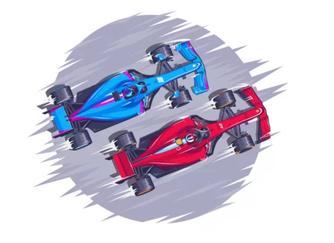4K 桌布 壁紙 — 兩輛時尚賽車（藍色和紅色）在灰色圓形背景上並排飛馳，帶有動態模糊條紋。