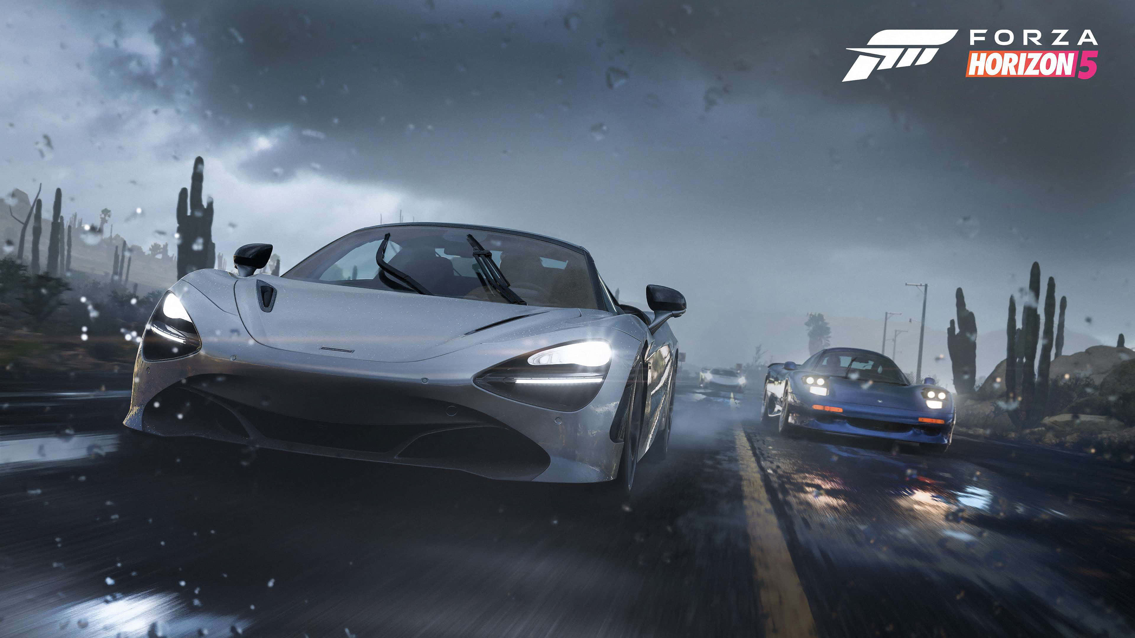 Forza Horizon 桌布 壁紙 — 兩輛時尚跑車在暴雨傾盆的沙漠高速公路上奔馳，天空風起雲湧，路邊仙人掌林立。