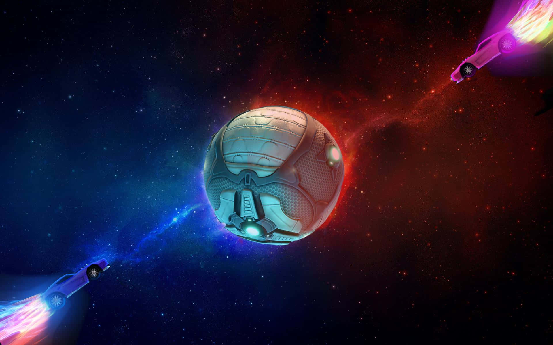 iPhone 桌布 壁紙 — 兩輛未來主義的汽車在一個星光熠熠的星雲中競速，中心有一個發光的球形站。