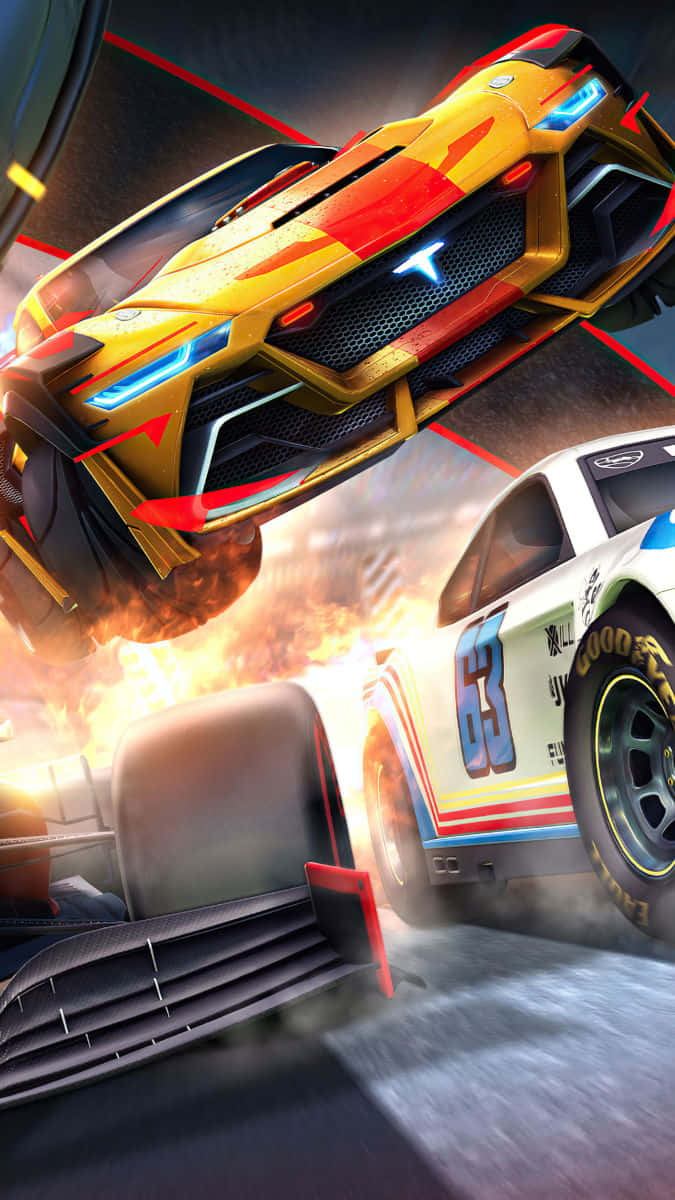 Rocket League Car 桌布 壁紙 — 兩輛未來主義賽車在半空中猛烈相撞，產生爆炸性火焰和動態模糊。