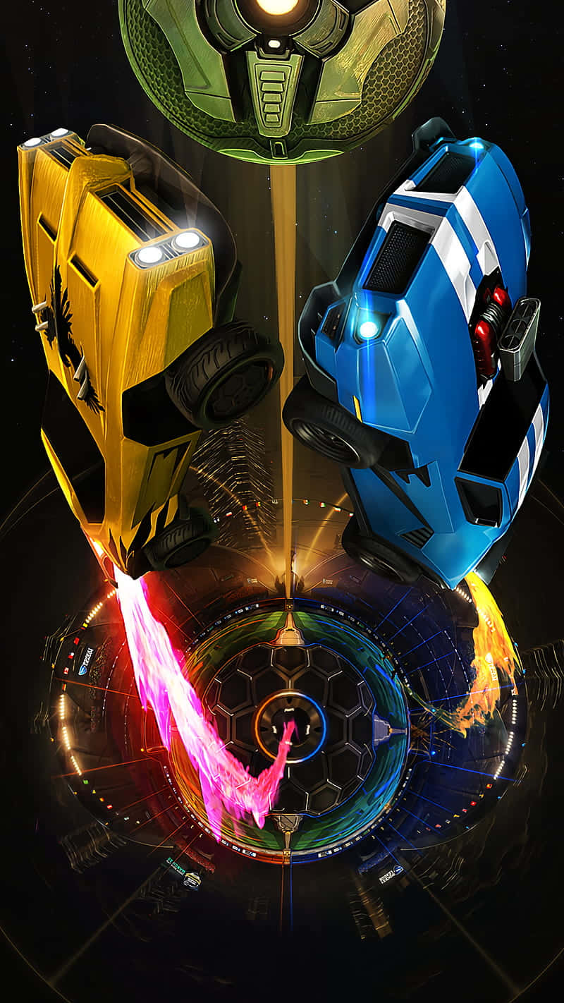 Rocket League Car 桌布 壁紙 — 兩輛未來主義賽車懸浮在發光的圓形賽道上，在科幻競技場中發射彩色能量光束。