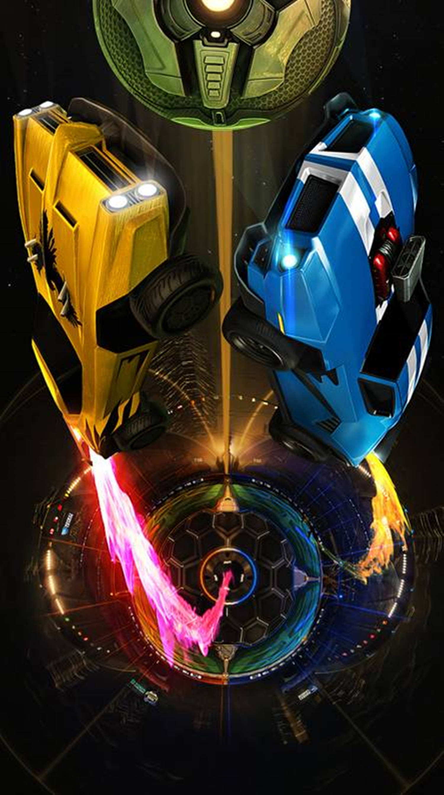 Rocket League Phone 桌布 壁紙 — 兩輛未來主義賽車懸浮在黑暗科幻競技場中發光的圓形賽道上，帶有霓虹軌跡和一個懸浮的機器人頭。