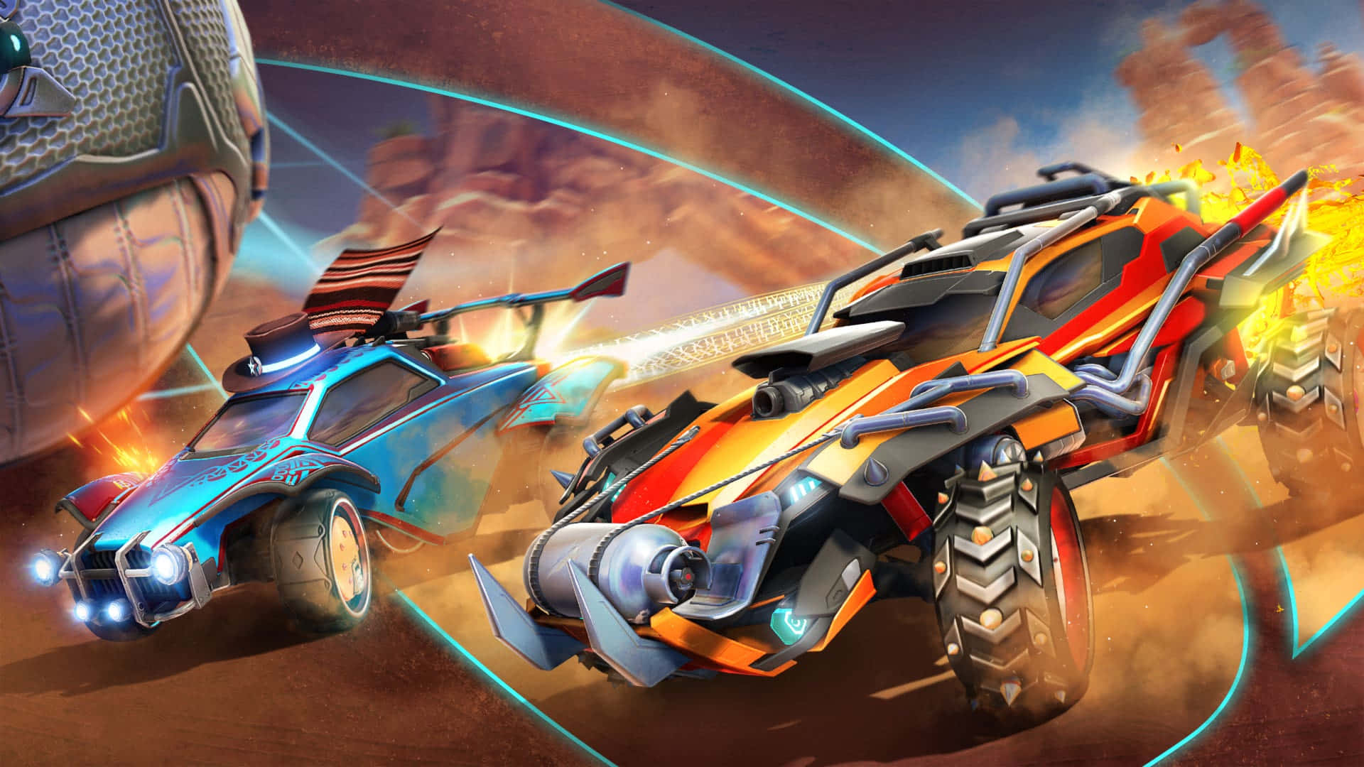Rocket League 桌布 壁紙 — 兩輛未來主義賽車穿越沙漠峽谷，留下發光軌跡和猛烈爆炸。