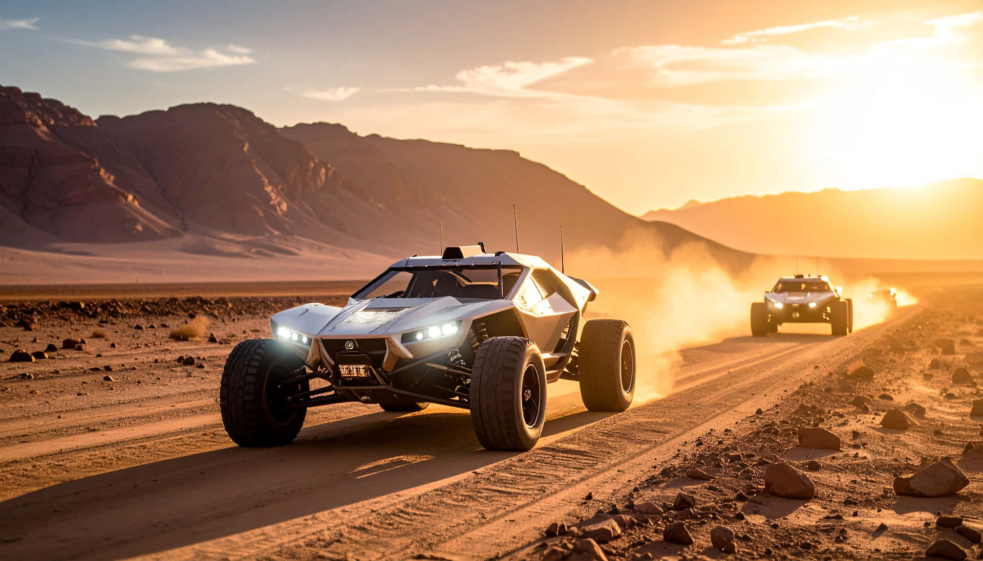 Car Race 壁紙 — 兩輛未來主義越野車在日落時分，以山脈為背景，在塵土飛揚的沙漠賽道上競速。