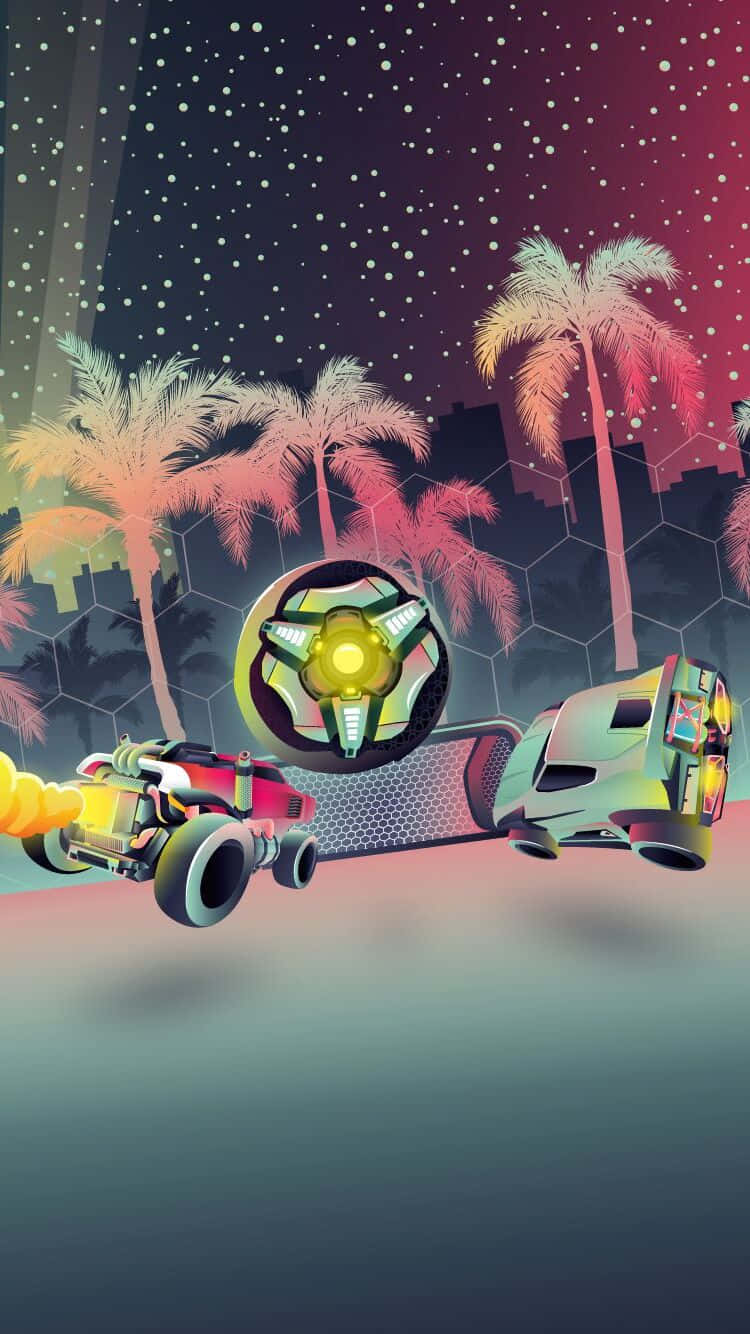 火箭聯盟 桌布 壁紙 — 兩輛未來賽車在霓虹燈閃爍的熱帶夜晚中疾馳，棕櫚樹和發光球體在星空下閃耀。