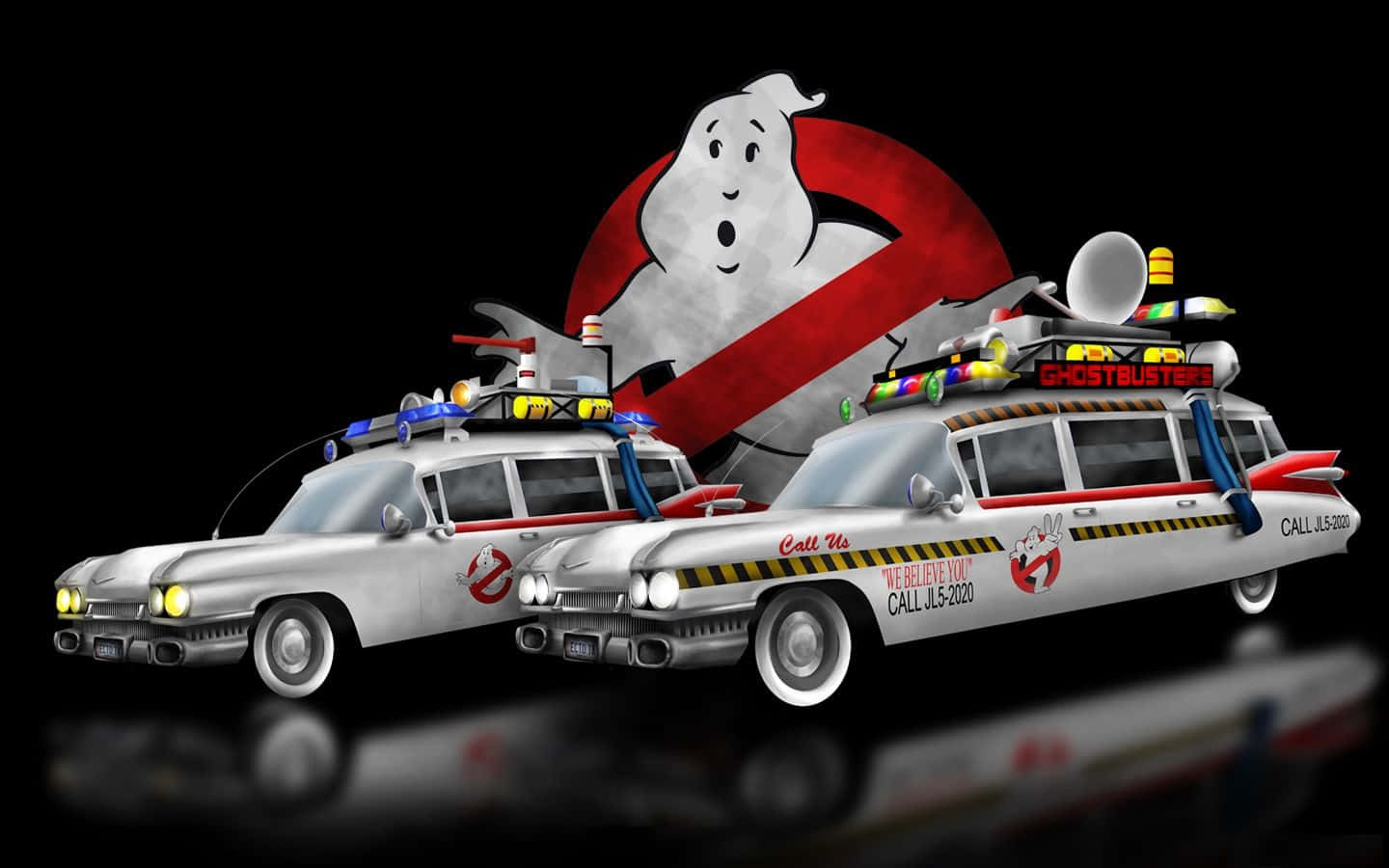 魔鬼剋星 桌布 壁紙 — 兩輛標誌性的魔鬼剋星 Ecto-1 汽車，配備質子背包和鬼魂標誌，黑色背景。
