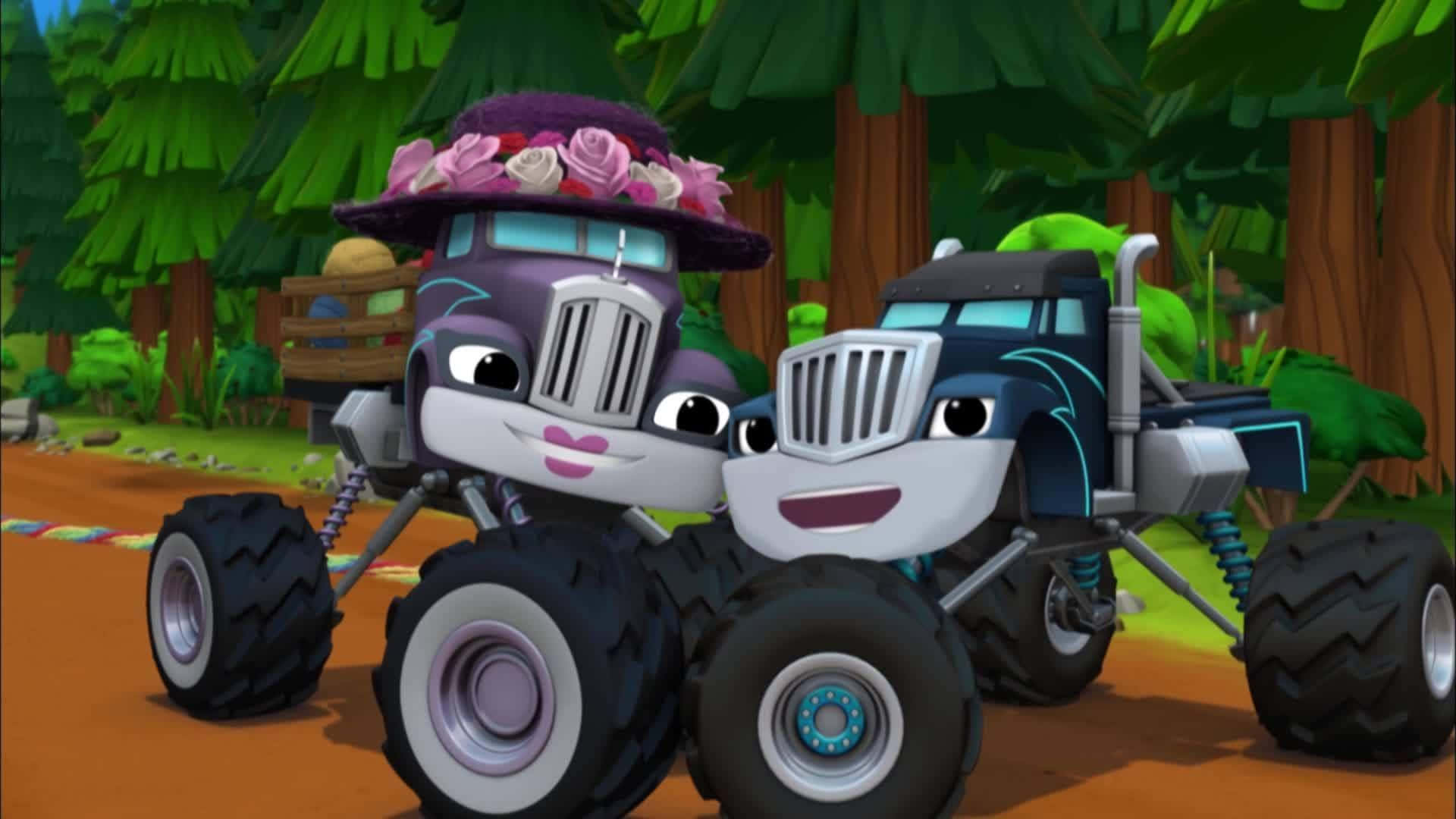Blaze And The Monster Machines 桌布 壁紙 — 兩輛歡樂的卡通怪獸卡車，有臉和花帽子，在森林空地上微笑。