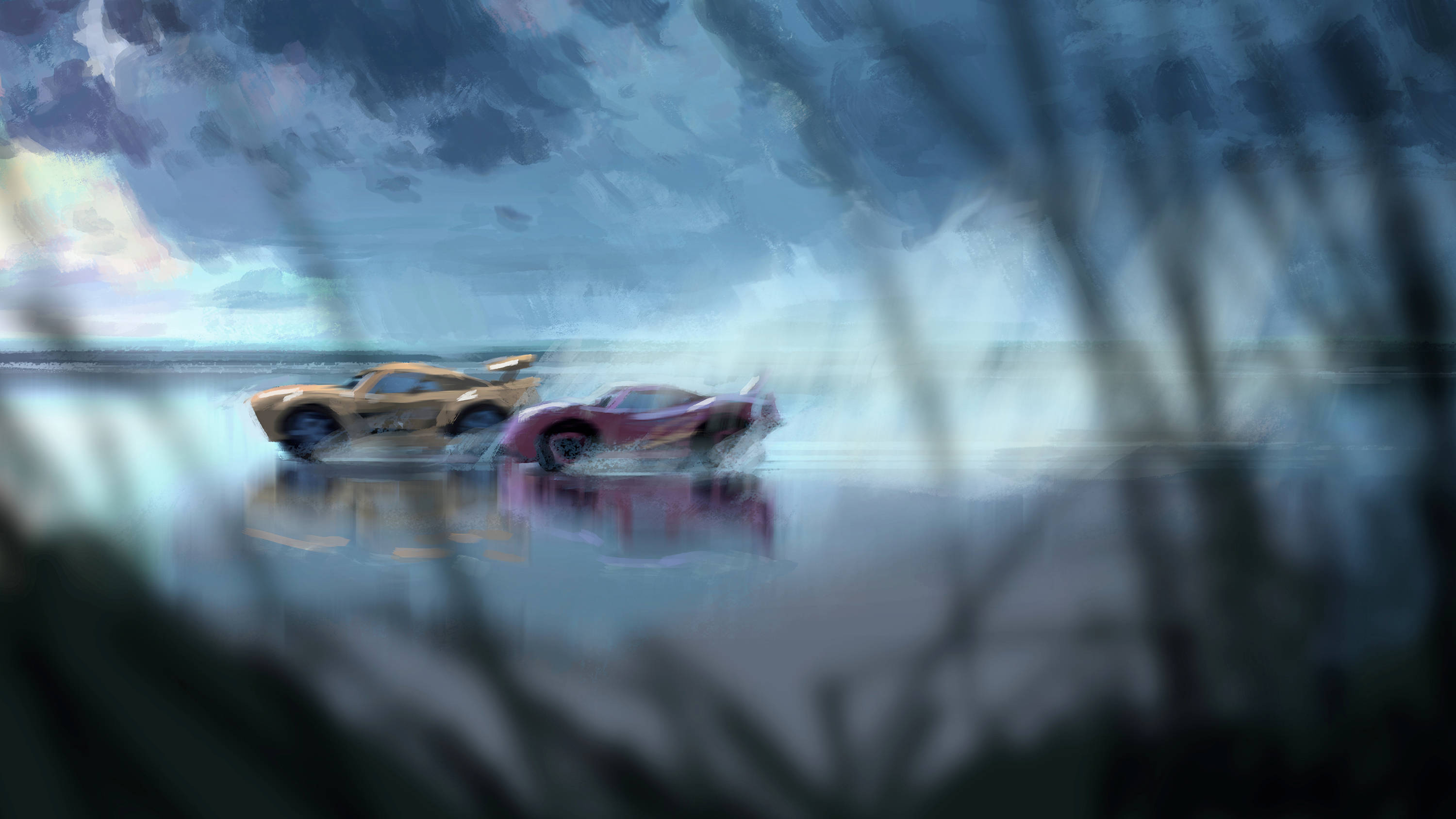 皮克斯 桌布 壁紙 — 兩輛流線型賽車在暴風雨的天空下，駛過霧氣瀰漫的湖泊，前景的樹枝模糊不清。