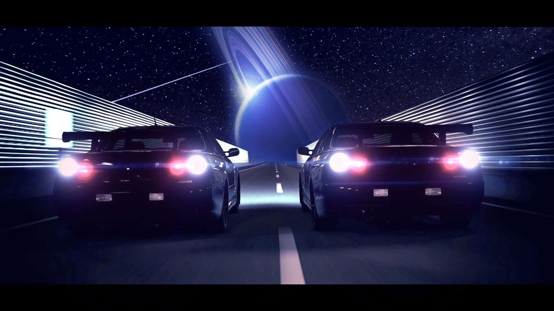 R33 GT-R 桌布 壁紙 — 兩輛流線型跑車在繁星點點的夜空下，朝著發光的宇宙傳送門飛馳。
