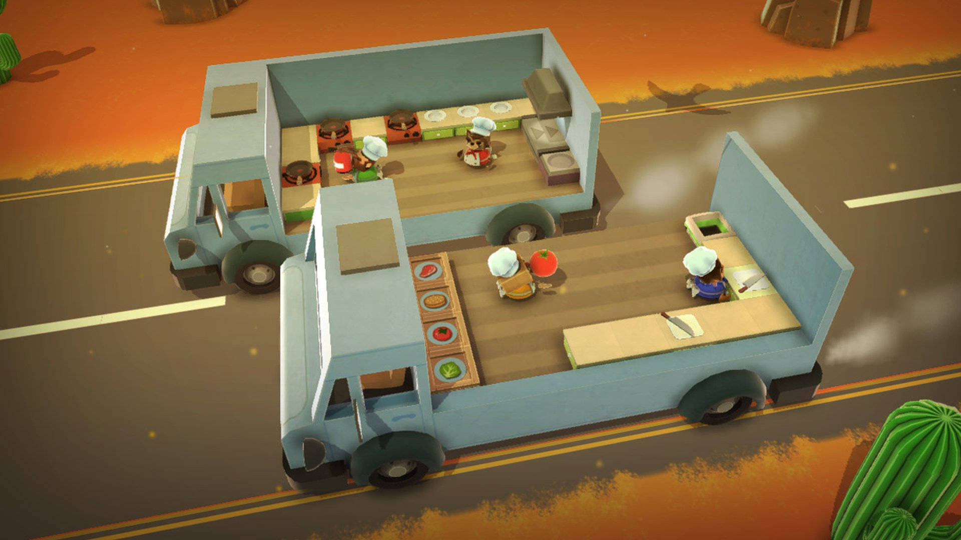 Overcooked 桌布 壁紙 — 兩輛淺藍色餐車設有開放式廚房，在沙漠高速公路日落時為顧客提供服務。