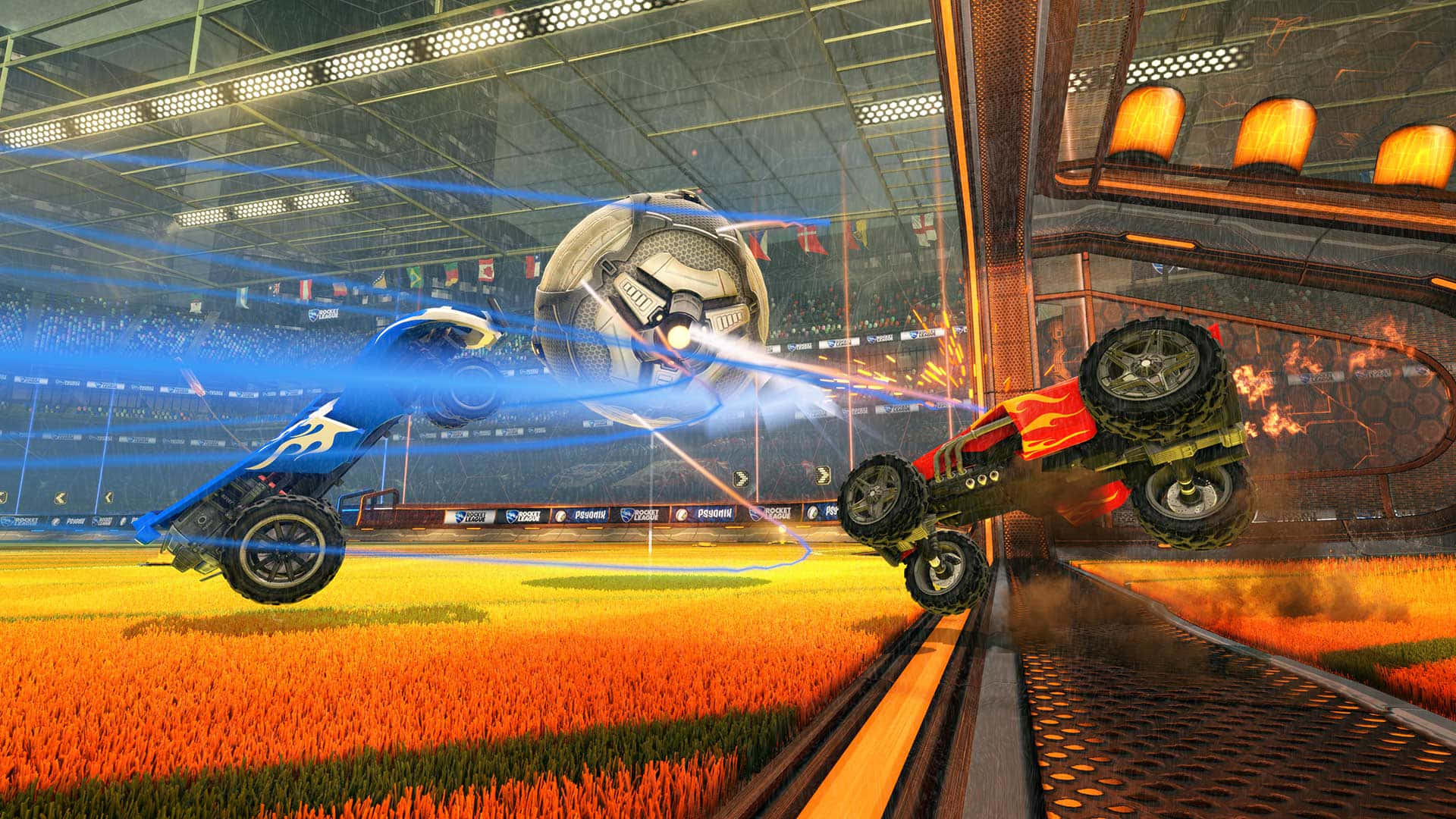 Rocket League Art 桌布 壁紙 — 兩輛火箭動力怪獸卡車在體育館半空中相撞，一顆發光的足球在它們之間飛過。