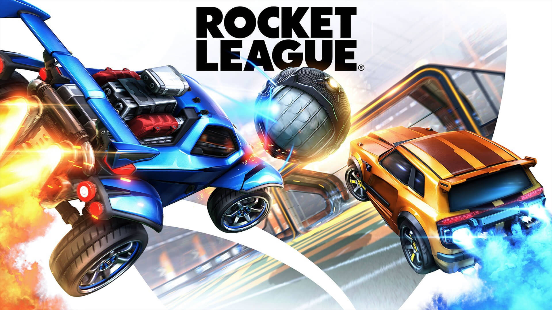 火箭聯盟 桌布 壁紙 — 兩輛火箭動力汽車在一場高速的Rocket League比賽中爭奪一個足球，伴隨著熾熱的排氣和發光效果。