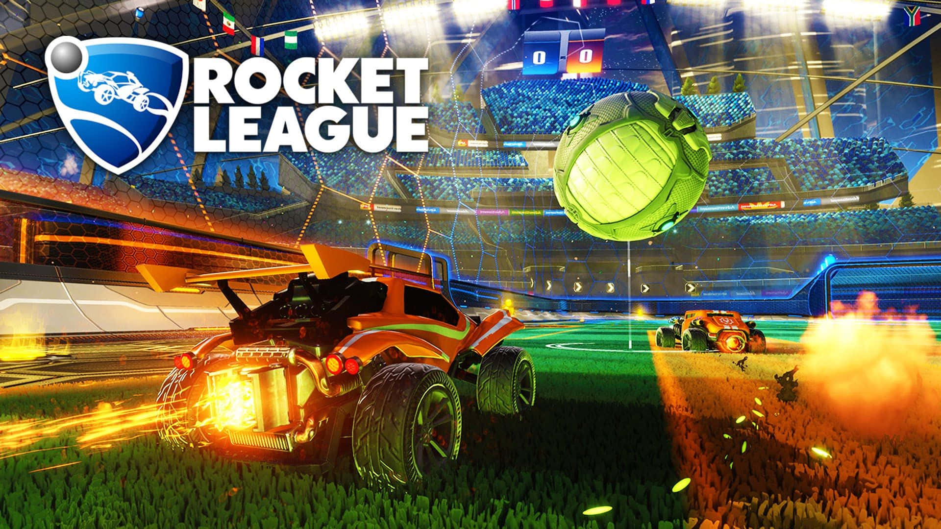HD Rocket League 桌布 壁紙 — 兩輛火箭動力賽車在體育場燈光下的翠綠場地上競速，追逐一個發光的足球。
