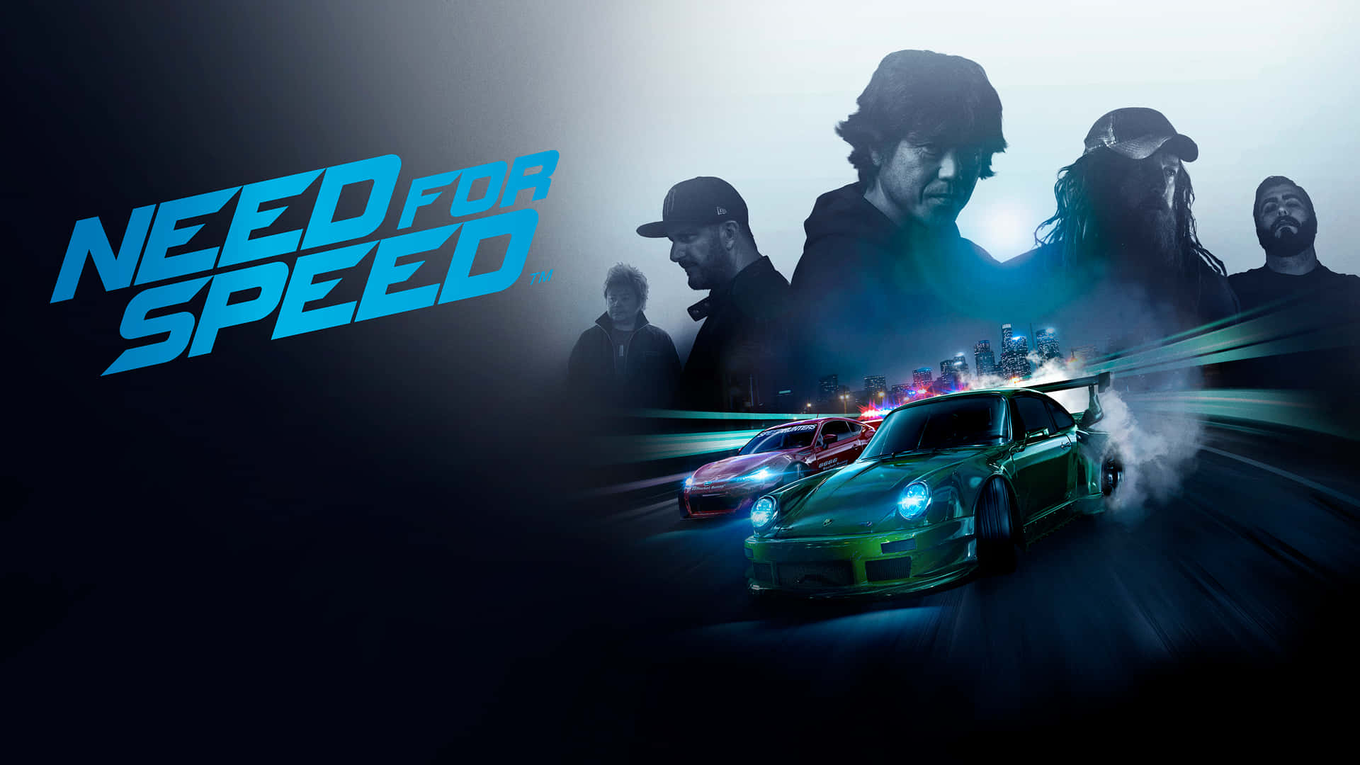 race car 桌布 壁紙 — 兩輛發光的跑車在霓虹燈照亮的都市夜晚高速飄移，剪影賽車手專注地觀看。