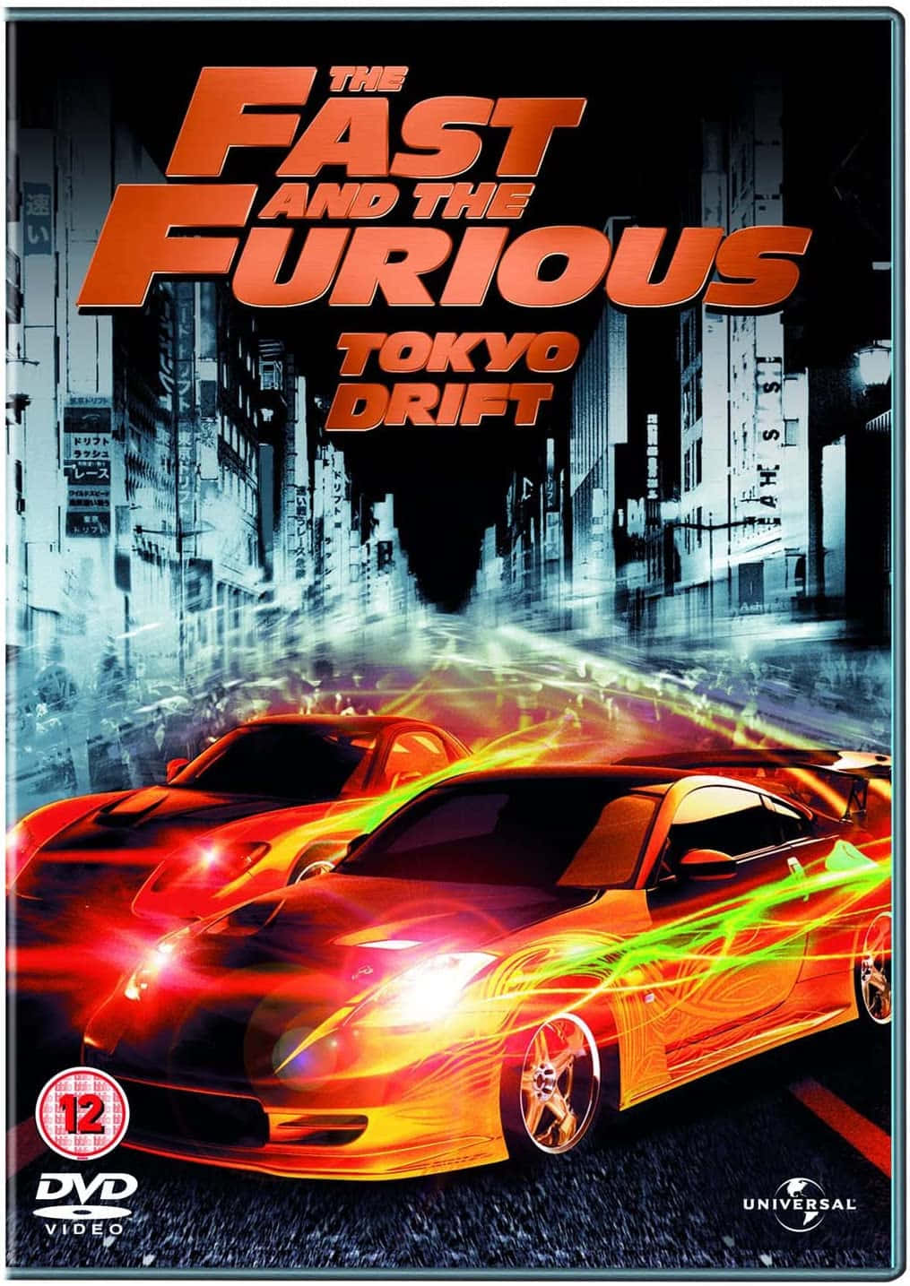 Fast And Furious 桌布 壁紙 — 兩輛發光的跑車在霓虹燈閃爍的東京街道上飄移，帶有動態模糊和火焰軌跡。