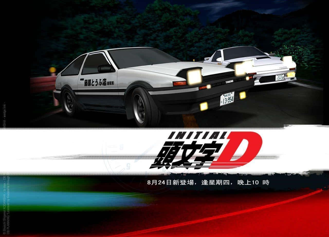 動漫 桌布 壁紙 — 兩輛白色AE86在夜晚的蜿蜒道路上競速，帶有發光的車頭燈和動態模糊效果。