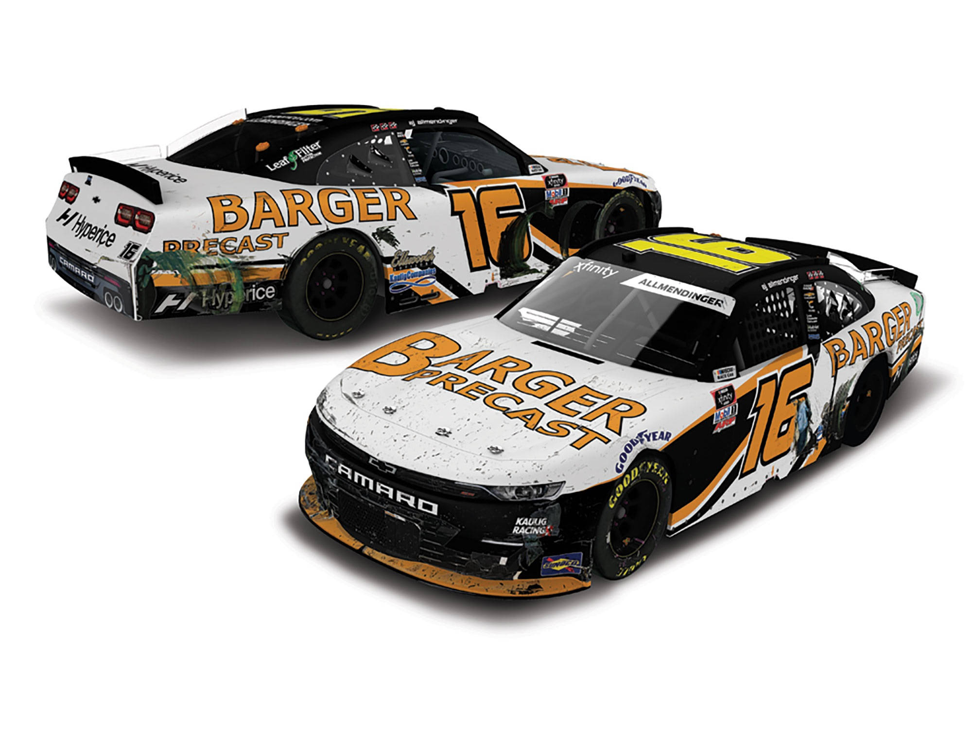 Chevrolet 桌布 壁紙 — 兩輛白色和橙色的NASCAR賽車，帶有16號和'Barger Precast'品牌標識，從正面和背面角度展示在乾淨的白色背景上。