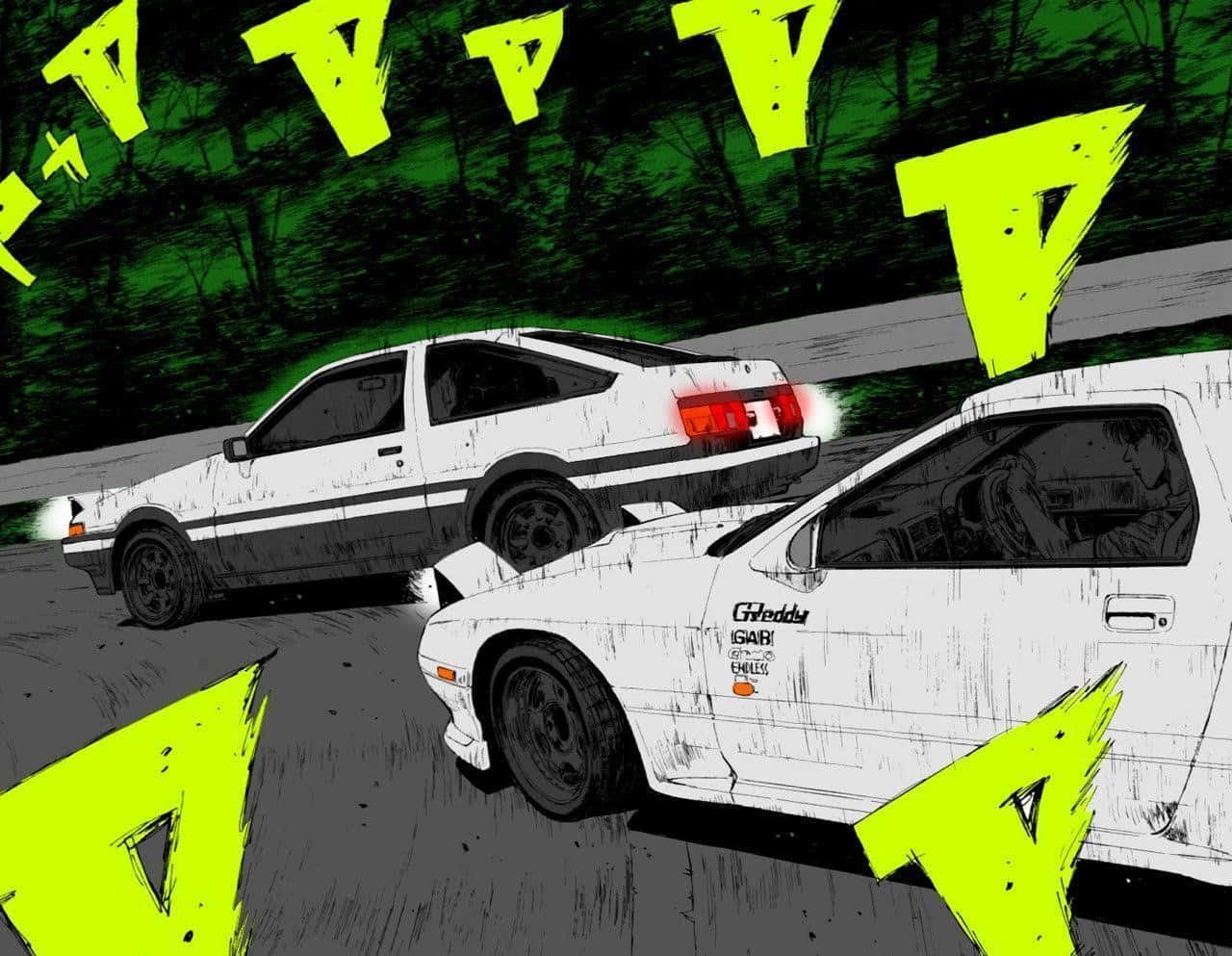 頭文字D 桌布 壁紙 — 兩輛白色飄移車在夜間於蜿蜒道路上競速，帶有螢光綠色塗鴉和輪胎煙霧效果。