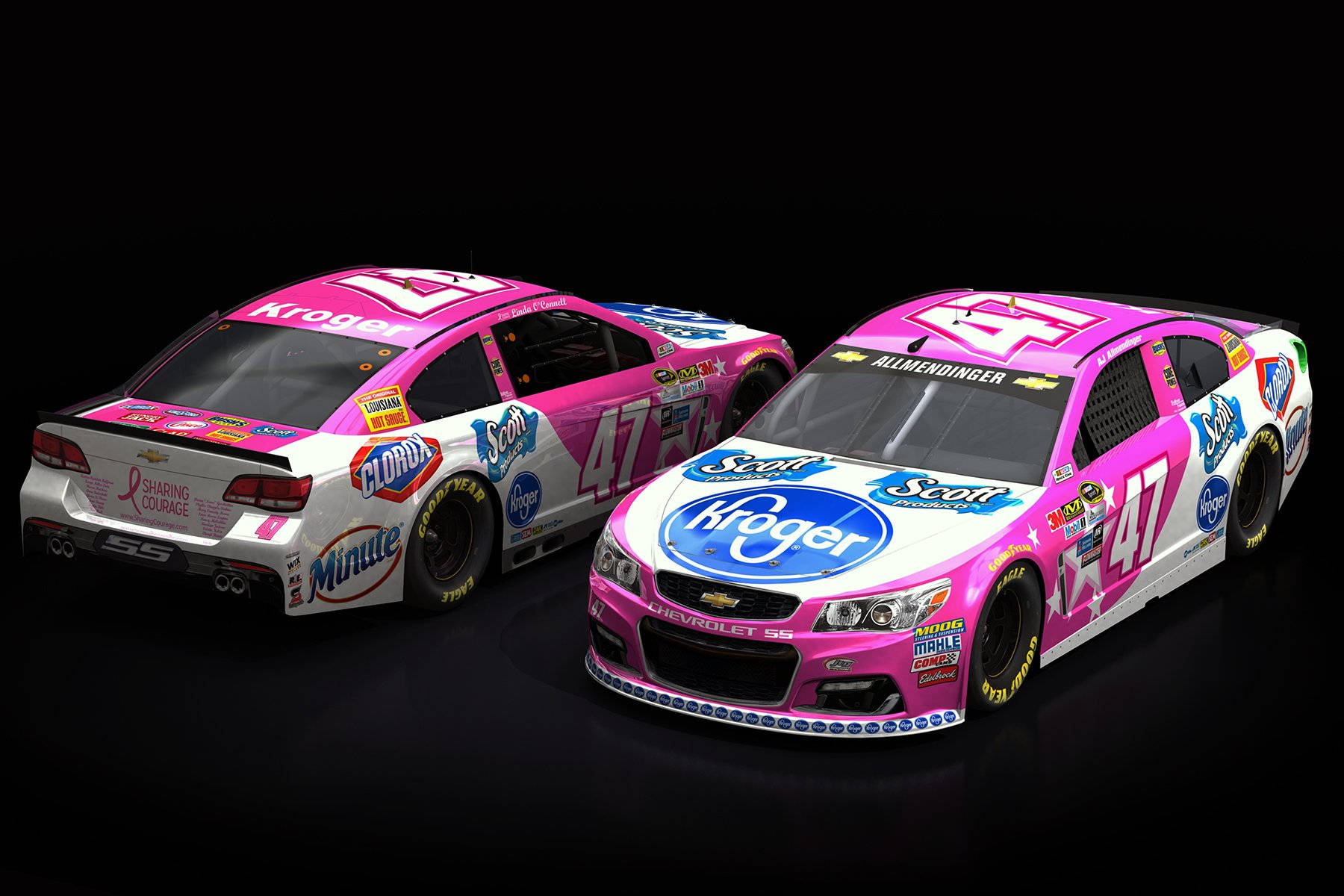 Chevrolet 桌布 壁紙 — 兩輛粉紅色和白色的NASCAR賽車，帶有Kroger Scott贊助，以傾斜角度置於黑色背景前。