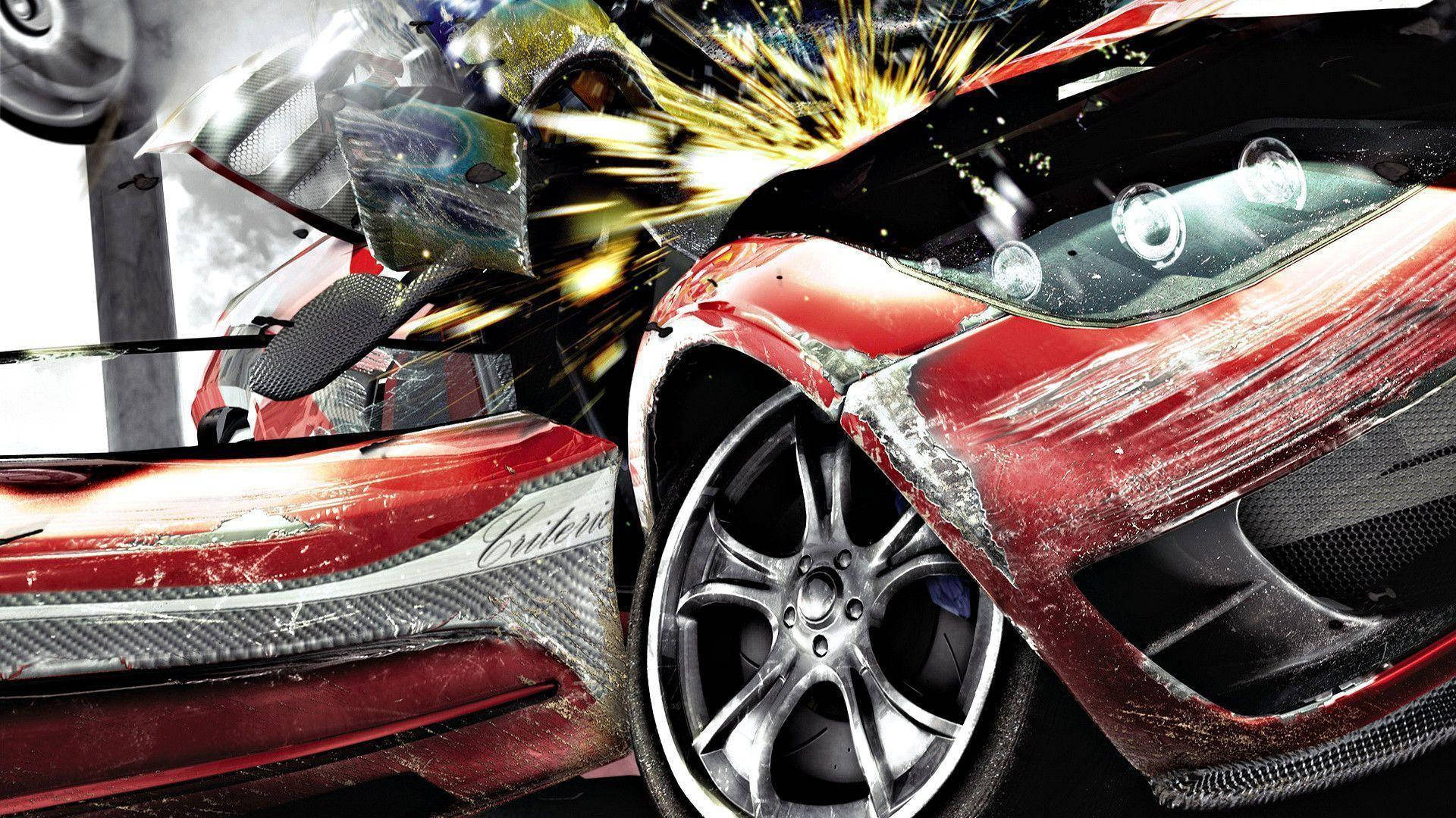 動漫汽車 桌布 壁紙 — 兩輛紅色跑車高速相撞，碎片和火花四濺。