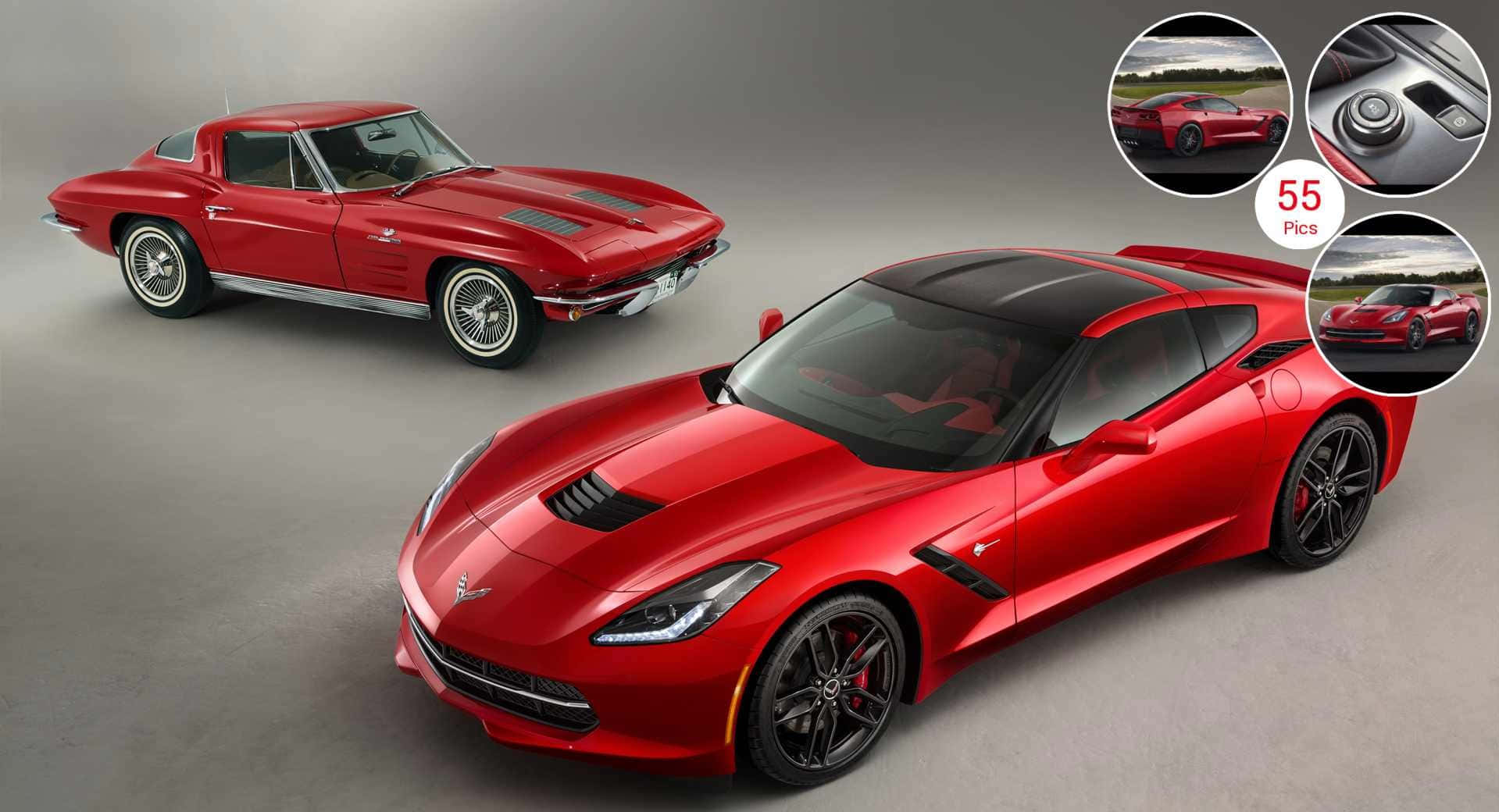Chevrolet Corvette Stingray 桌布 壁紙 — 兩輛紅色雪佛蘭克爾維特，復古和現代型號，在工作室中展示，並附有插入的細節照片。