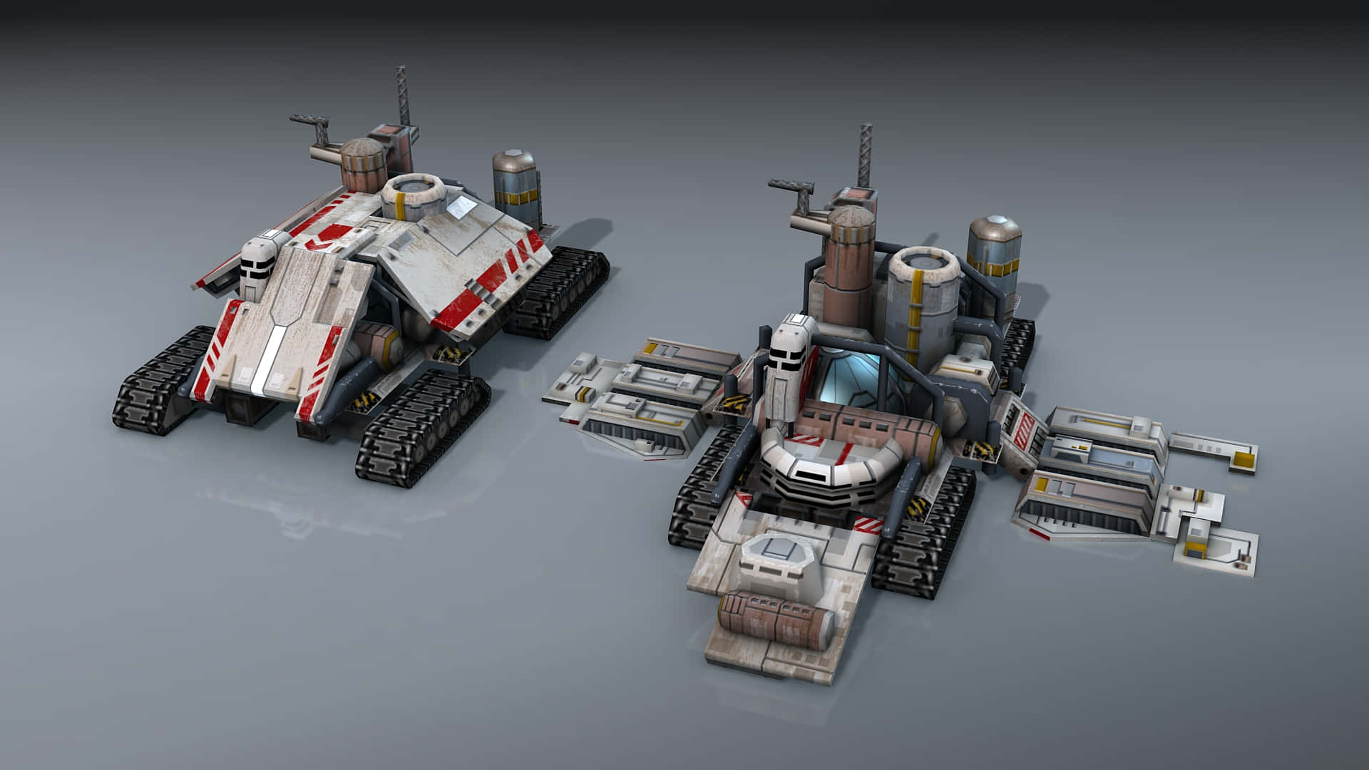 Civilization Beyond Earth 桌布 壁紙 — 兩輛細節豐富的未來感履帶車輛，帶有外露機械部件和紅色點綴，放置在灰色工作室地板上。