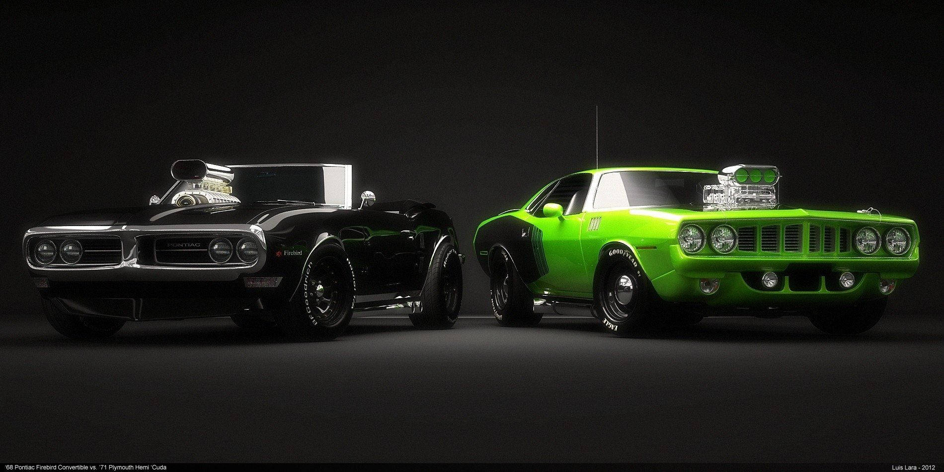 Cool Car 桌布 壁紙 — 兩輛經典肌肉車，一輛黑色龐蒂亞克火鳥和一輛霓虹綠普利茅斯Hemi Cuda，在戲劇性的工作室聚光燈下對峙。