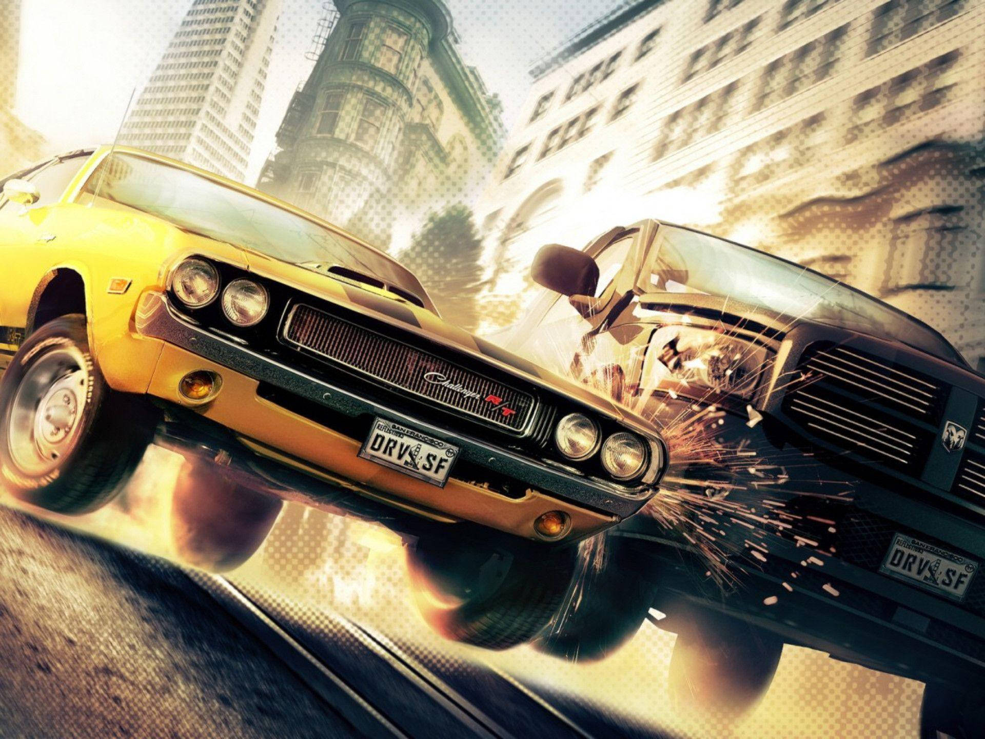 car drifting 桌布 壁紙 — 兩輛經典肌肉車在陽光普照的城市峽谷中空中相撞，火花四濺。