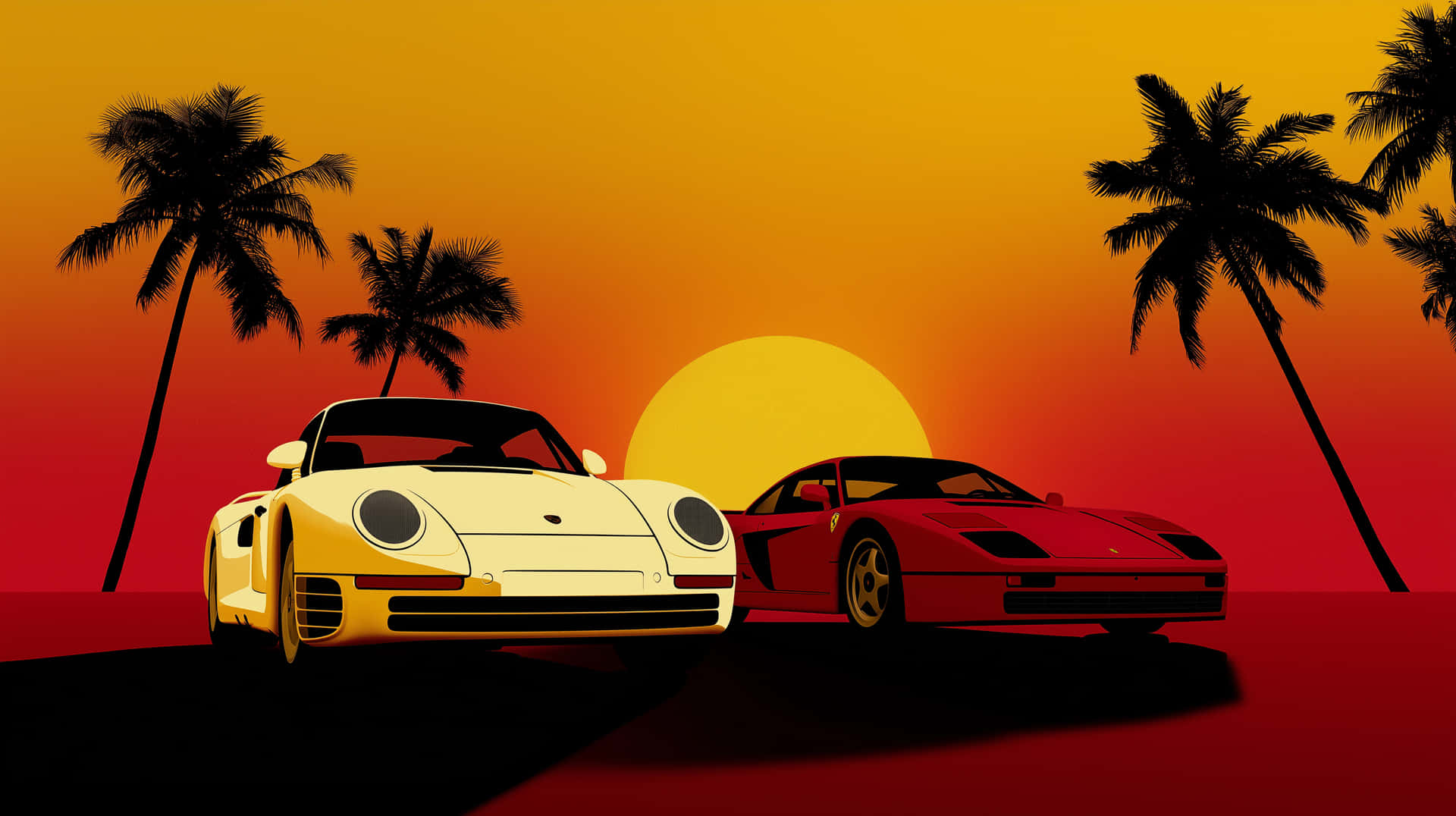 conic Sports Cars on a Californian Sunset Boulevard Scene 壁紙 — 兩輛經典跑車，一輛奶油色保時捷和一輛紅色法拉利，停在棕櫚樹下，背景是火紅的日落。