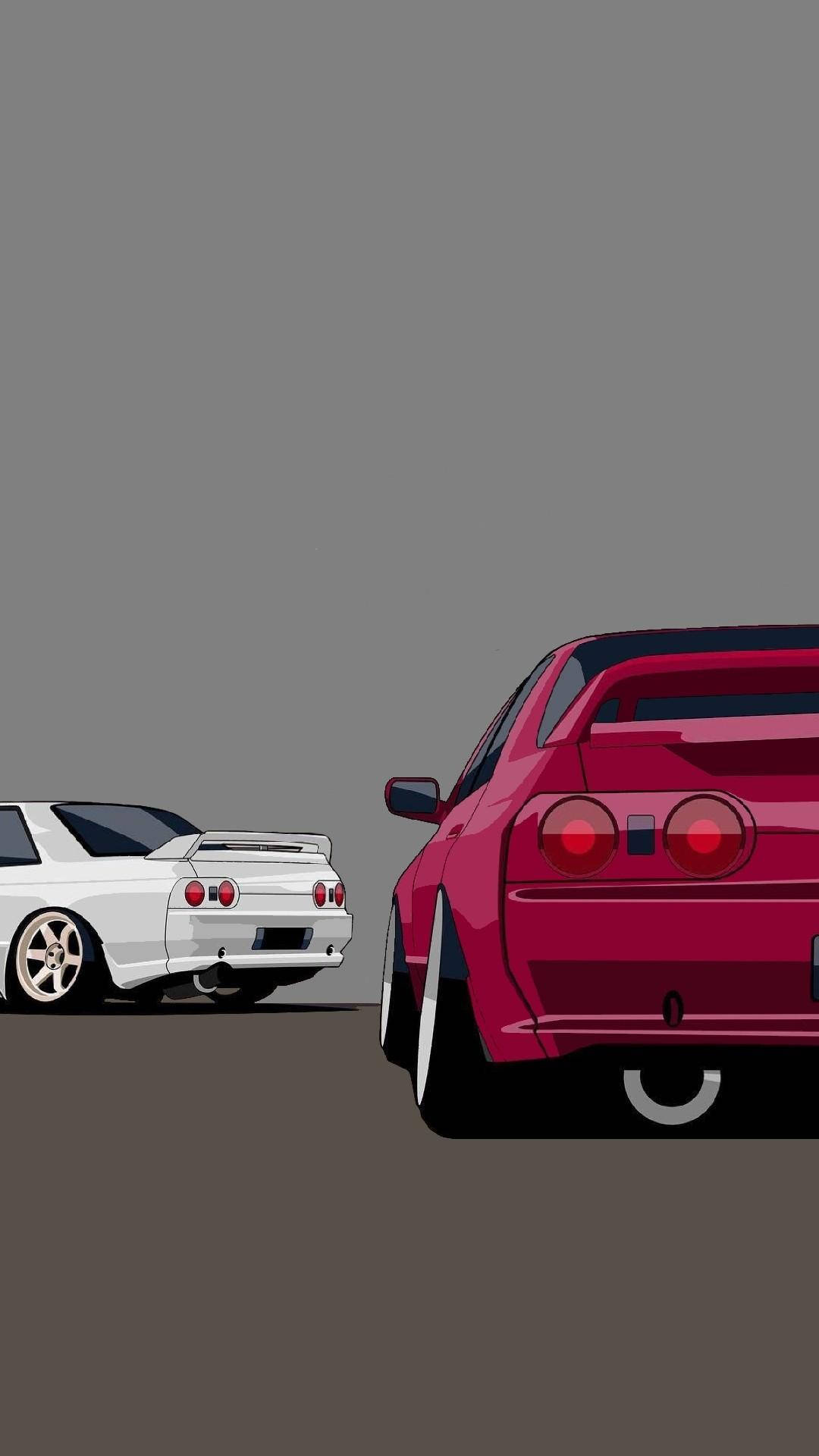 JDM 桌布 壁紙 — 兩輛經典跑車，一輛紅色和一輛白色的日產Skyline GT-R，以極簡動漫風格在純灰色背景上對峙。