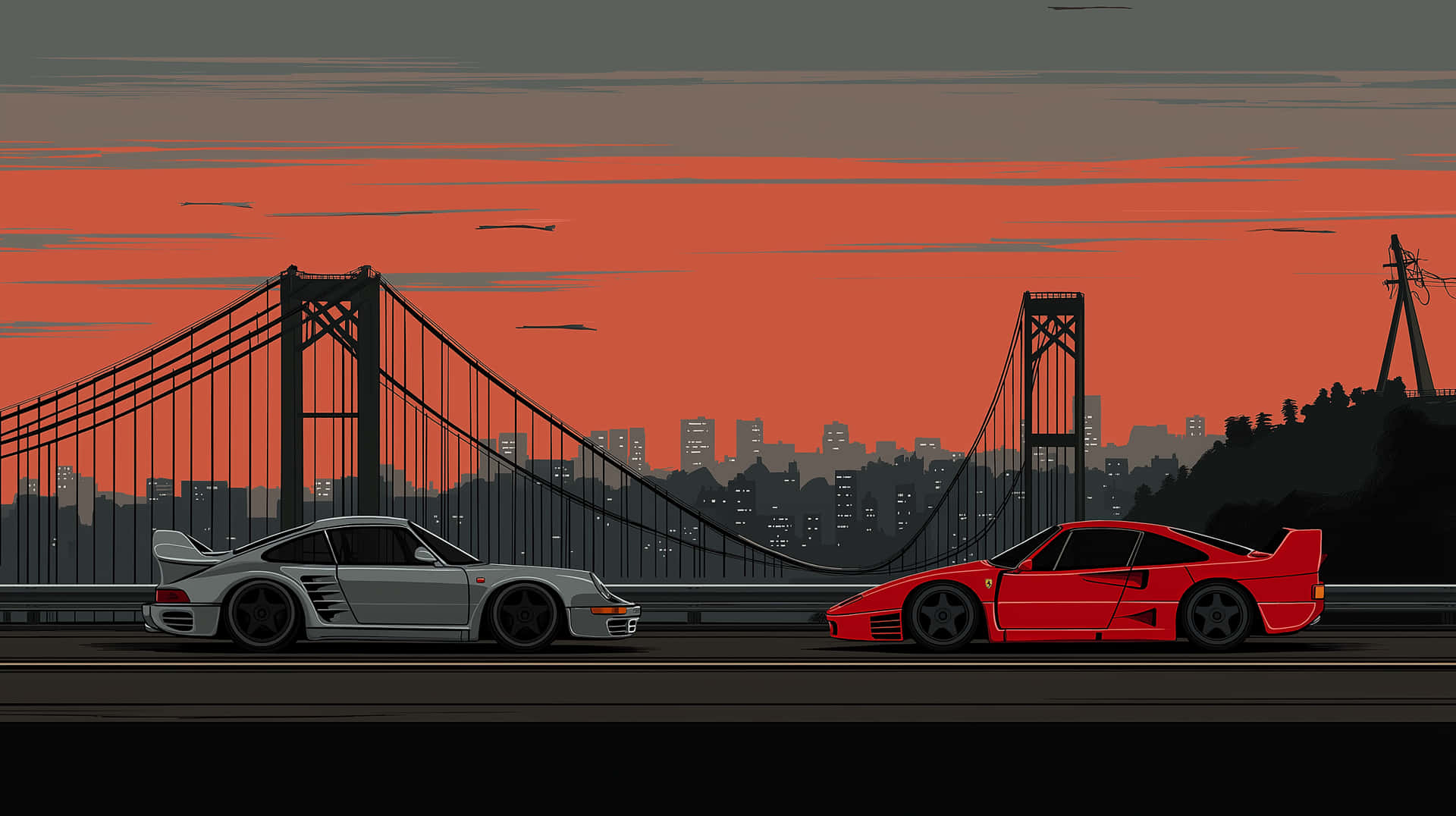 conic Sports Cars on a Californian Sunset Boulevard Scene 壁紙 — 兩輛經典跑車在日落時分於橋上對峙，背後是城市天際線。