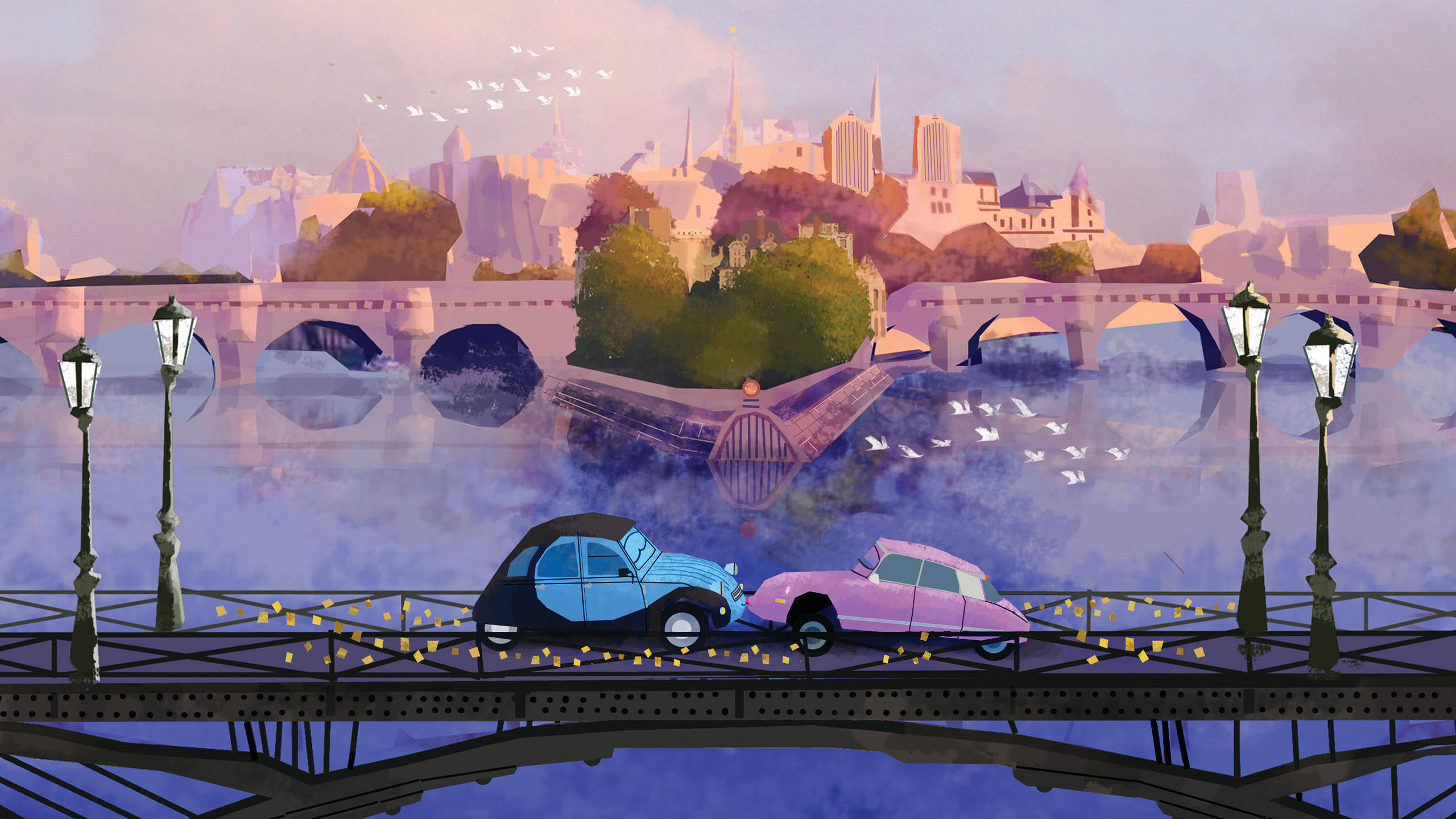 France 桌布 壁紙 — 兩輛老爺車駛過一座橋，跨越霧氣瀰漫的河流，城市天際線和飛鳥以柔和粉彩呈現。