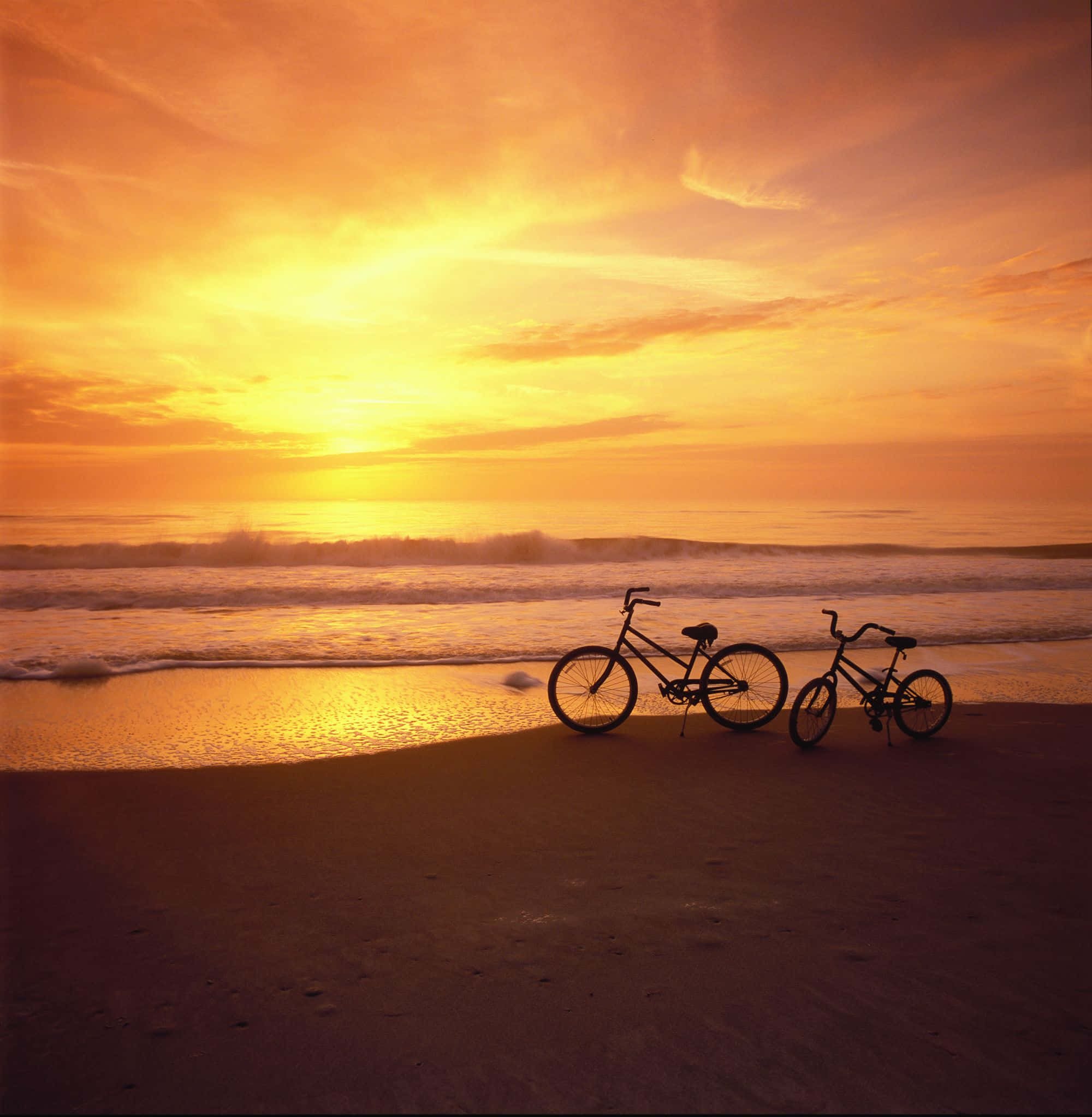 Best Bikes 桌布 壁紙 — 兩輛腳踏車在沙灘上形成剪影，熾熱的夕陽將天空和海洋染成溫暖的金色和橙色。