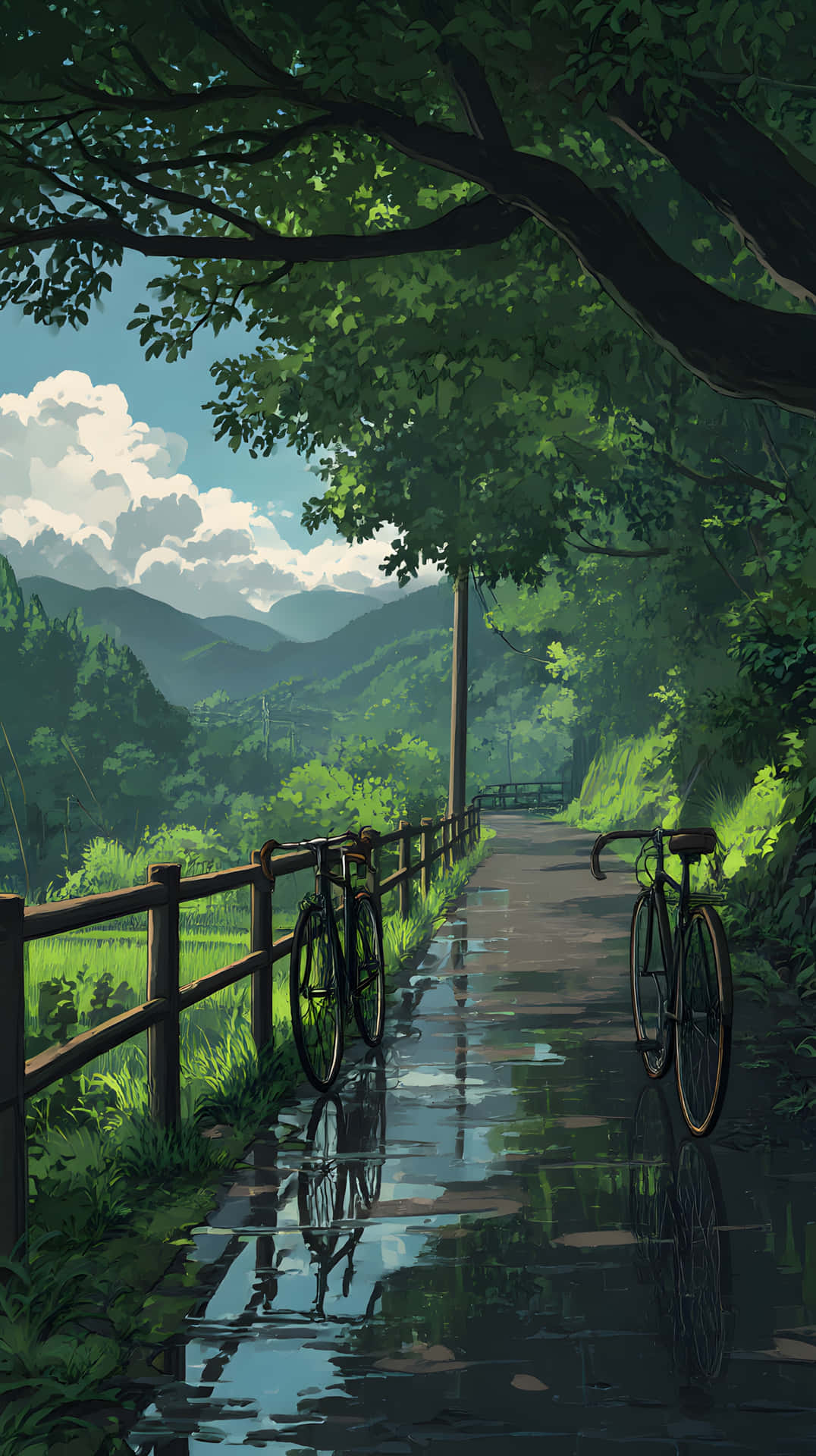 Rainy forest path with bicycle reflections 壁紙 — 兩輛腳踏車靠著木柵欄，旁邊是一條被雨水浸濕的小徑，蜿蜒穿過鬱鬱蔥蔥的青山，天空多雲。