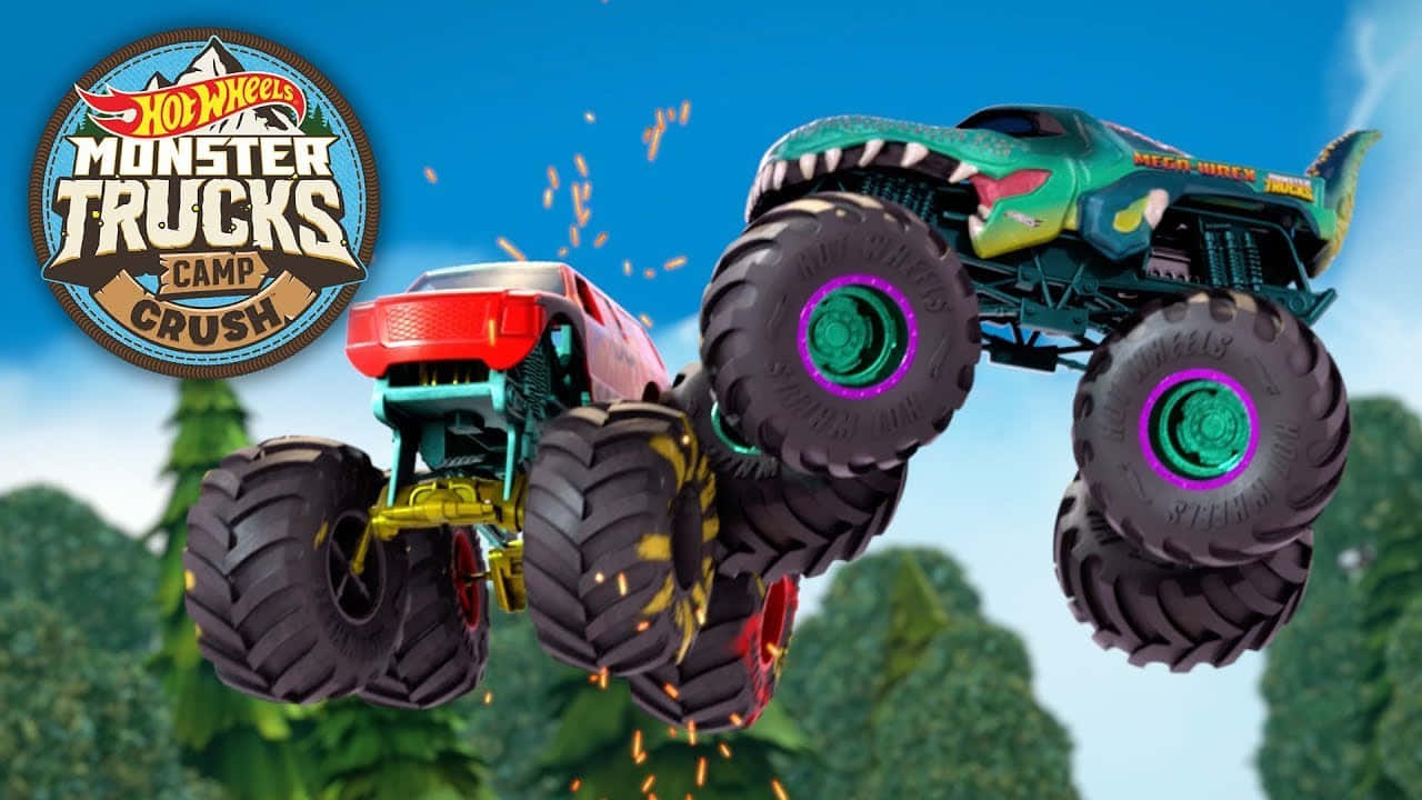 Truck 桌布 壁紙 — 兩輛色彩繽紛的Hot Wheels怪獸卡車在明亮的藍天下於綠色山丘上空相撞。