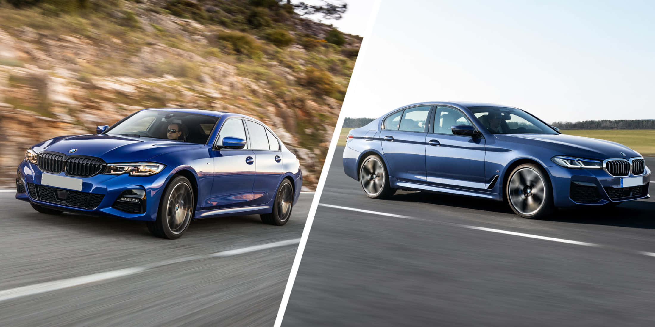 Bmw 3 Series 桌布 壁紙 — 兩輛藍色BMW轎車分別在兩條道路上疾駛，一輛穿越岩石地形，另一輛在開闊的高速公路上。