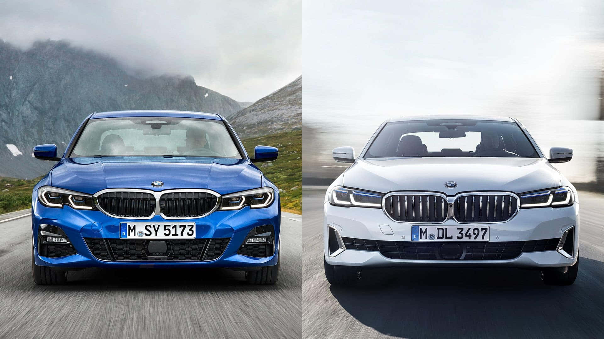 Bmw 3 Series 桌布 壁紙 — 兩輛藍色和白色的BMW轎車在蜿蜒的山路上向前行駛，背景有模糊的動態和霧氣繚繞的山峰。