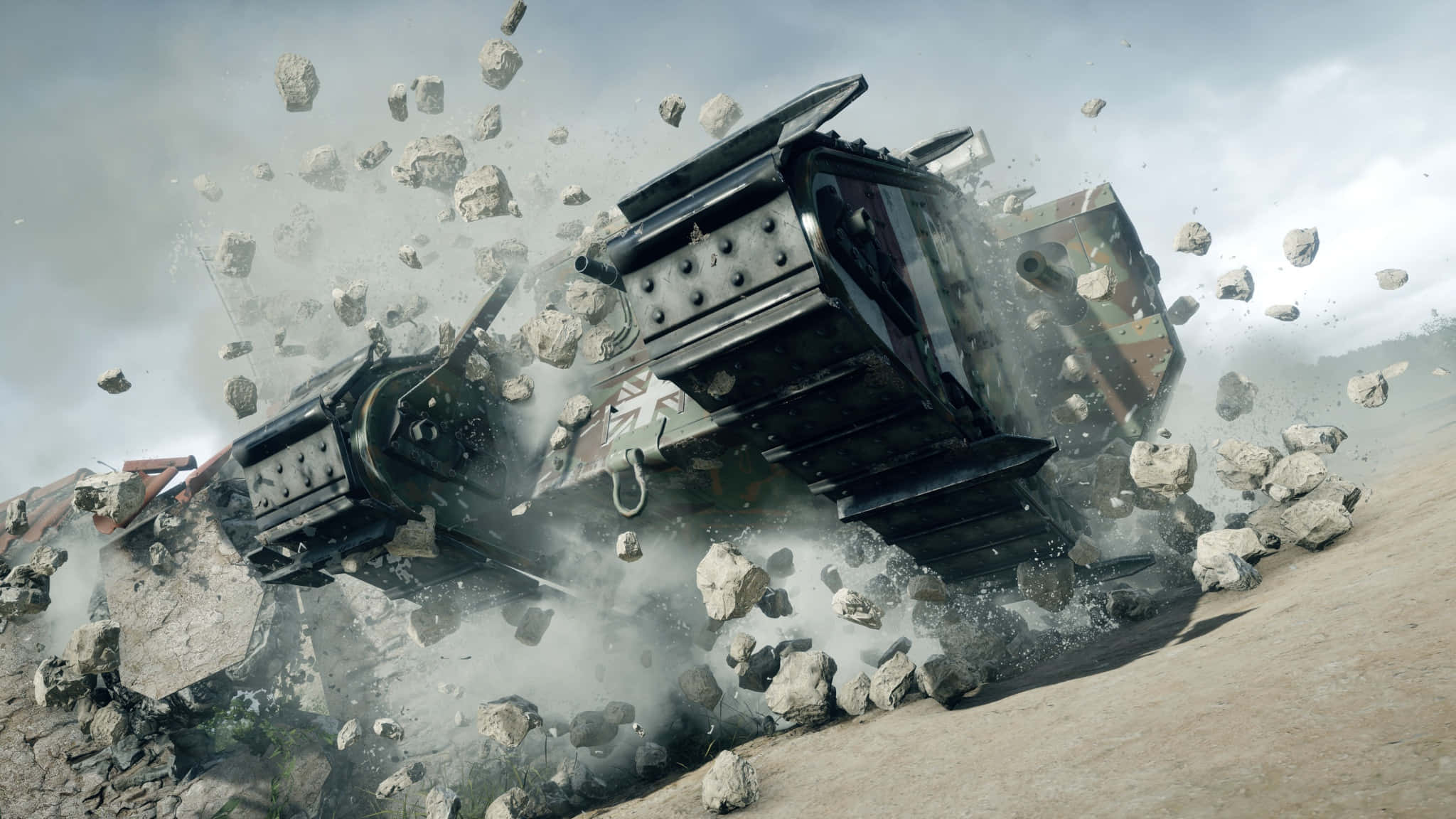 Battlefield Vehicles 桌布 壁紙 — 兩輛裝甲車在塵土飛揚的田野中猛烈相撞，石塊和碎片四處飛散。