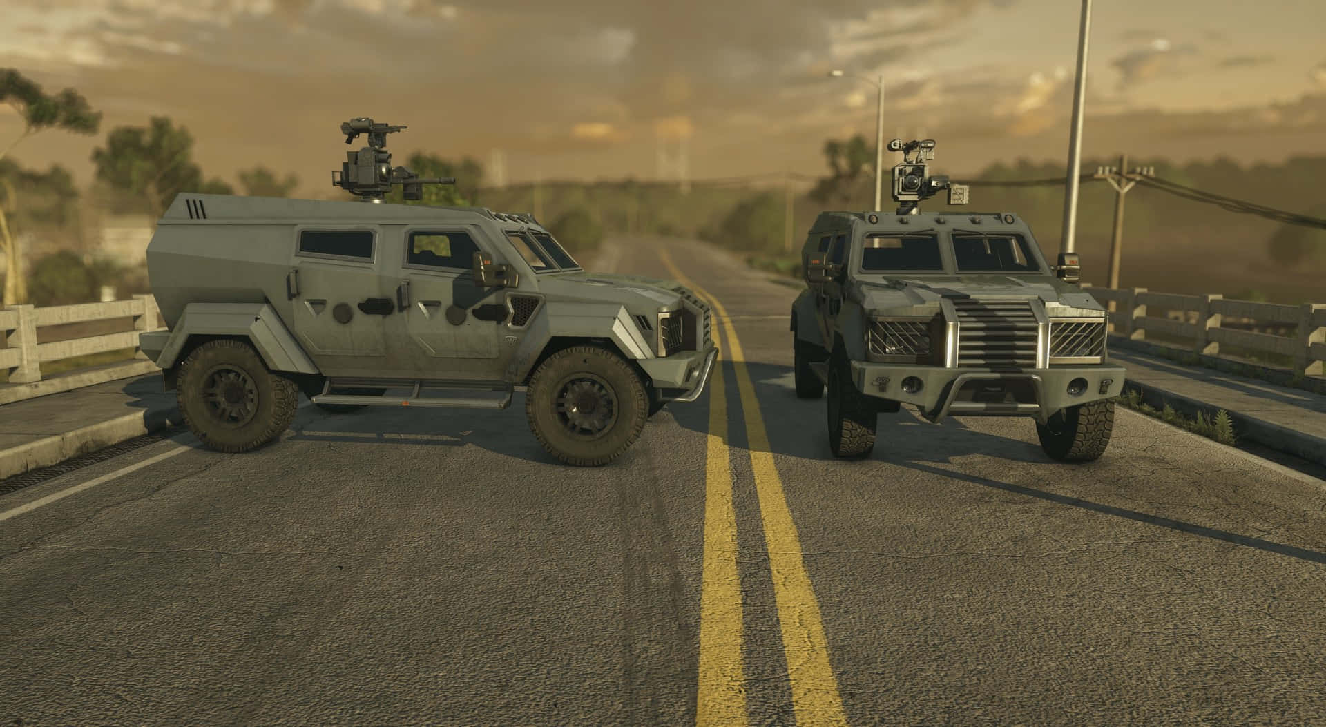 Battlefield Vehicles 桌布 壁紙 — 兩輛裝甲軍用車輛配備砲塔，在黃昏時分的陽光高速公路上相對而立。